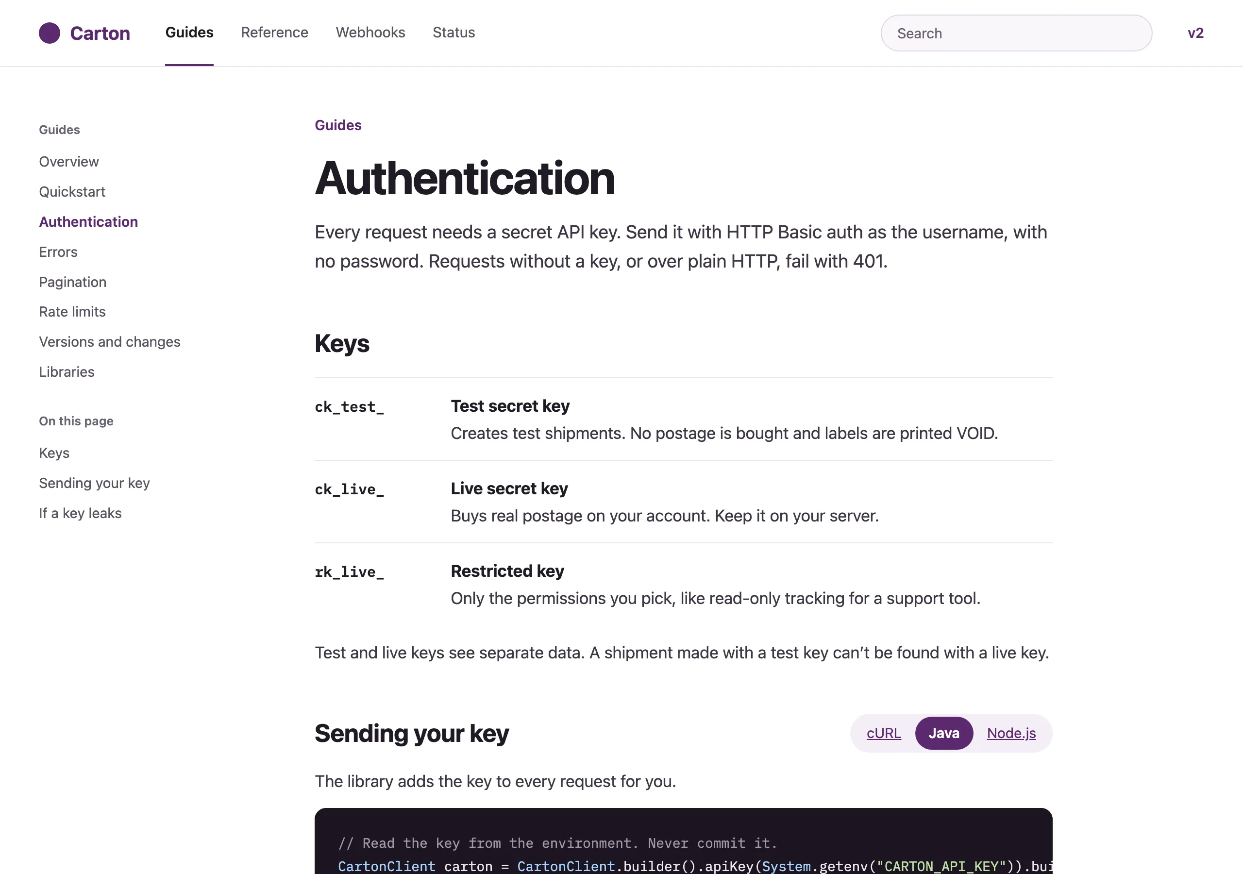 The Authentication page of Carton