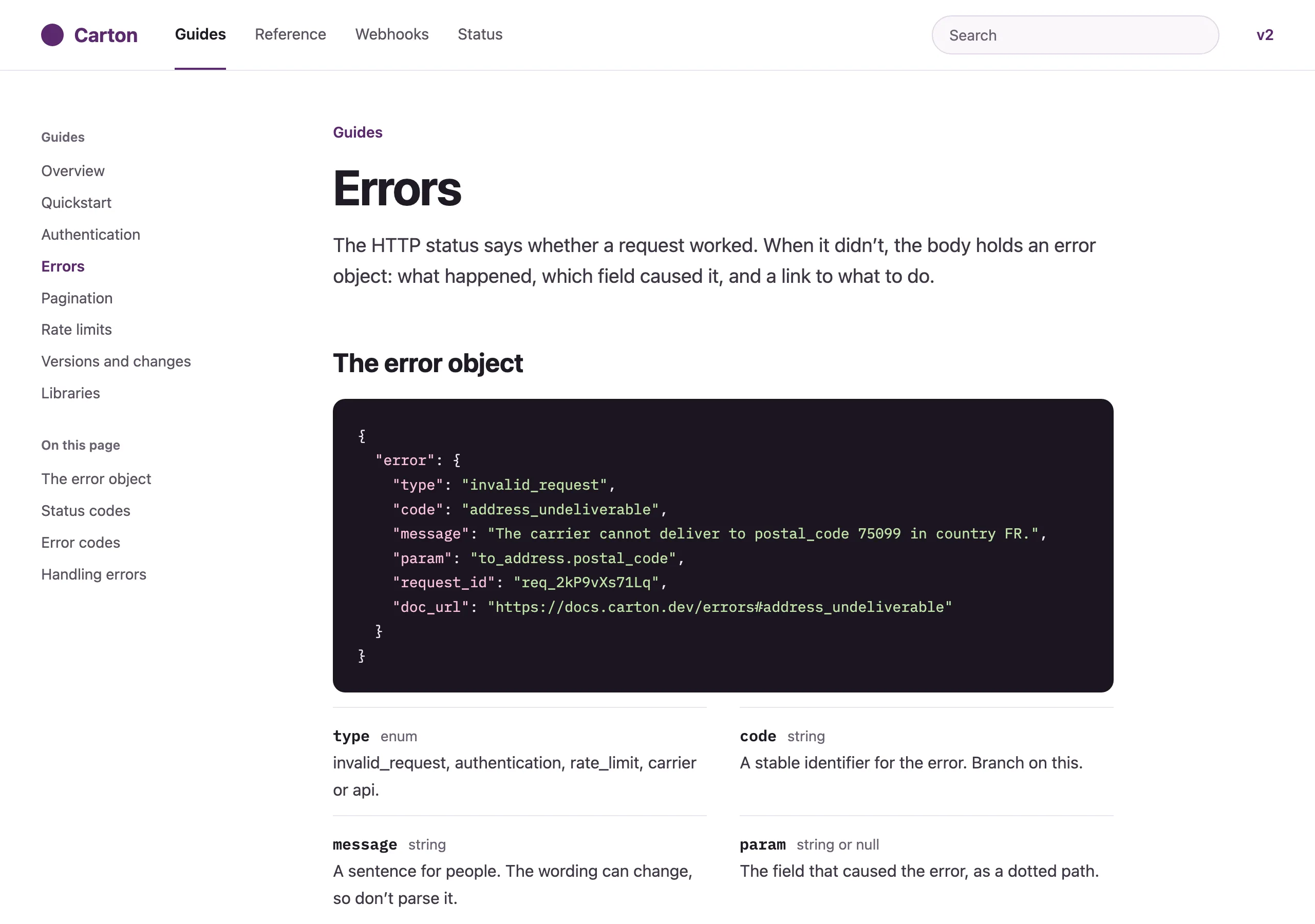 The Errors page of Carton