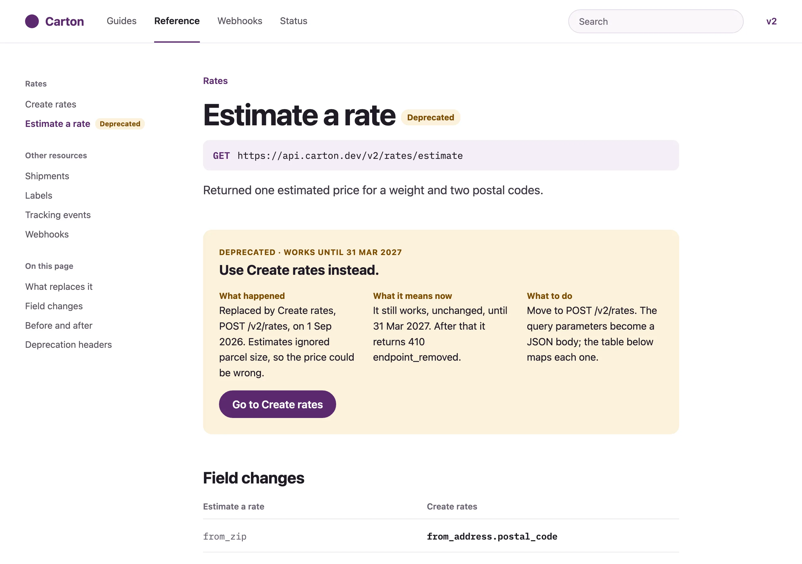 The Deprecated endpoint page of Carton