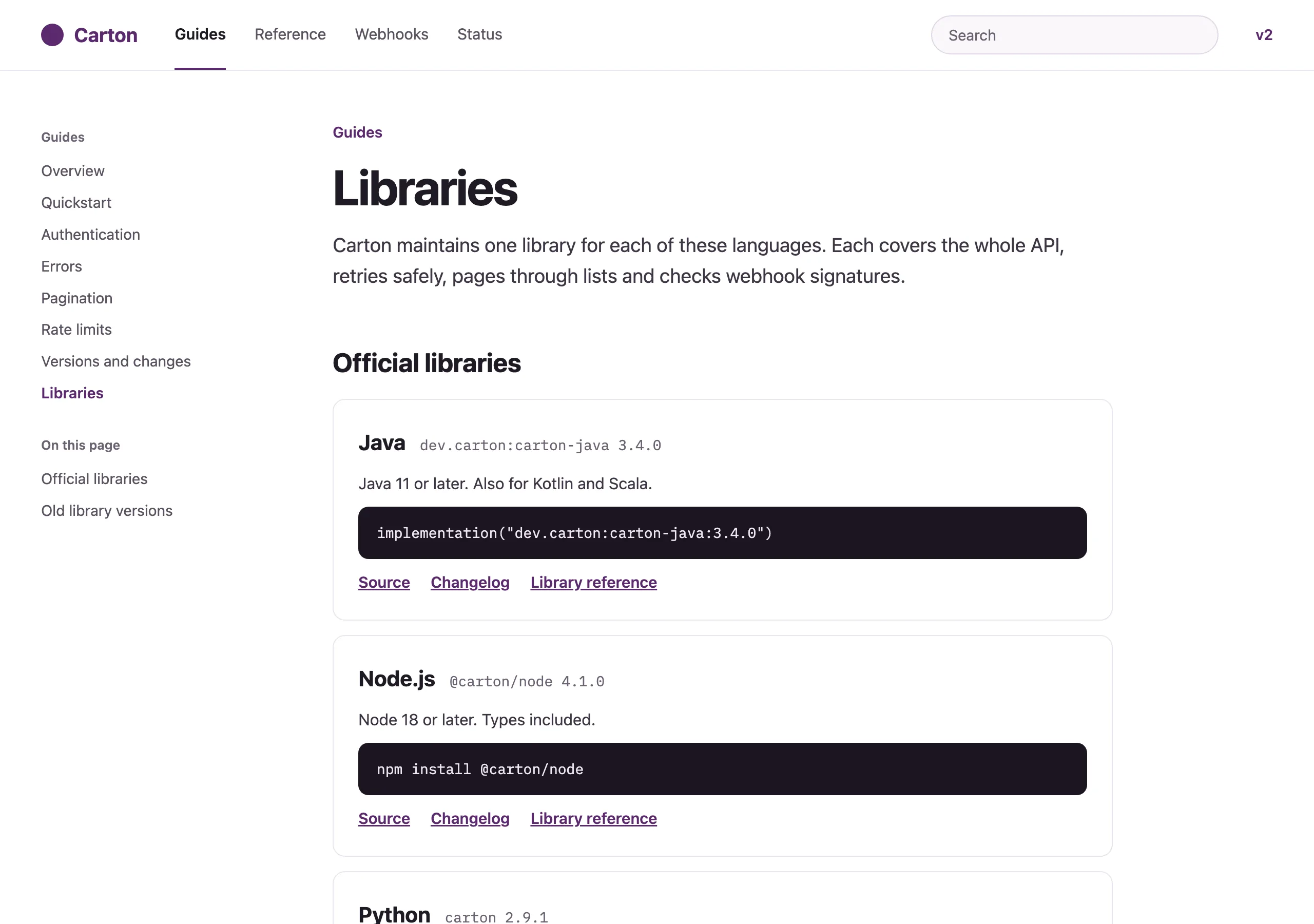 The Libraries page of Carton