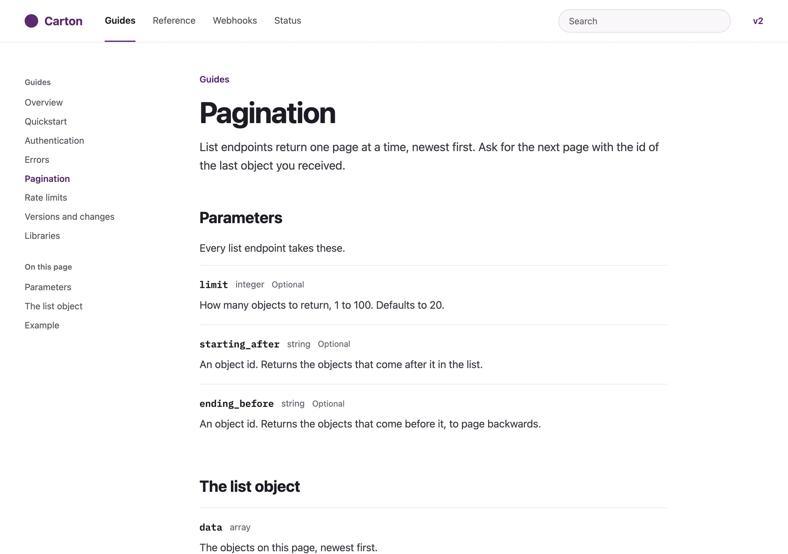 The Pagination page of Carton
