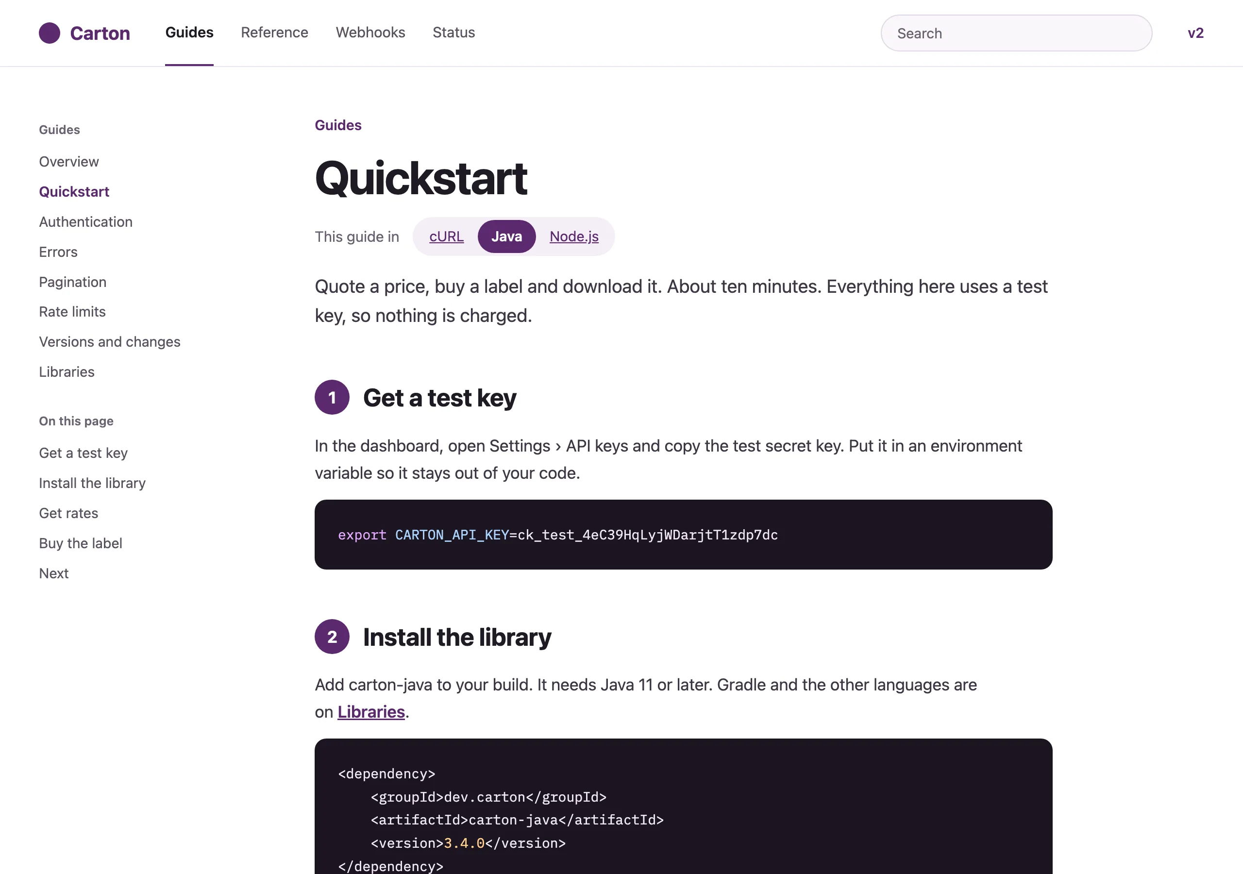 The Quickstart page of Carton