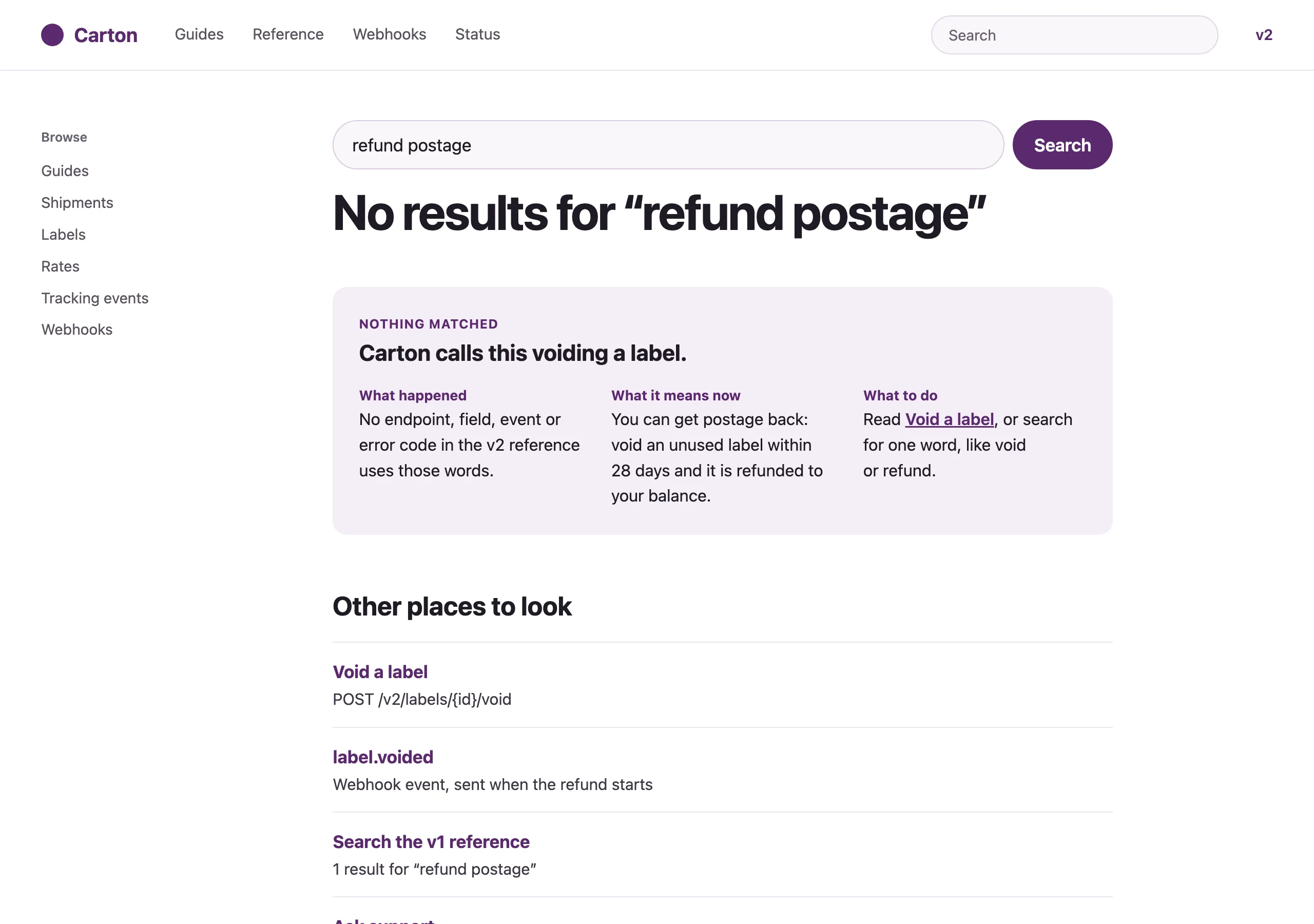 The No results page of Carton