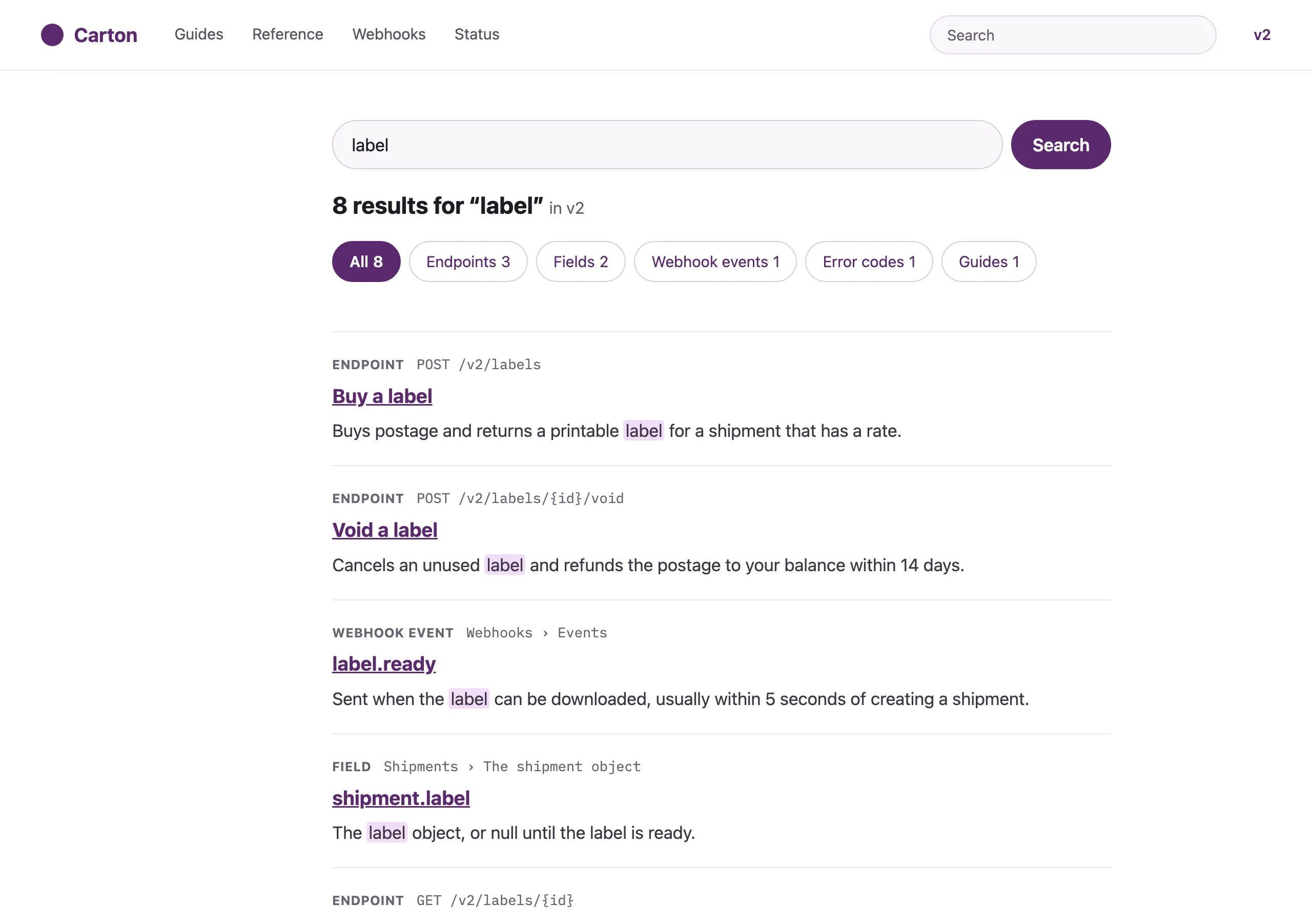 The Search results page of Carton