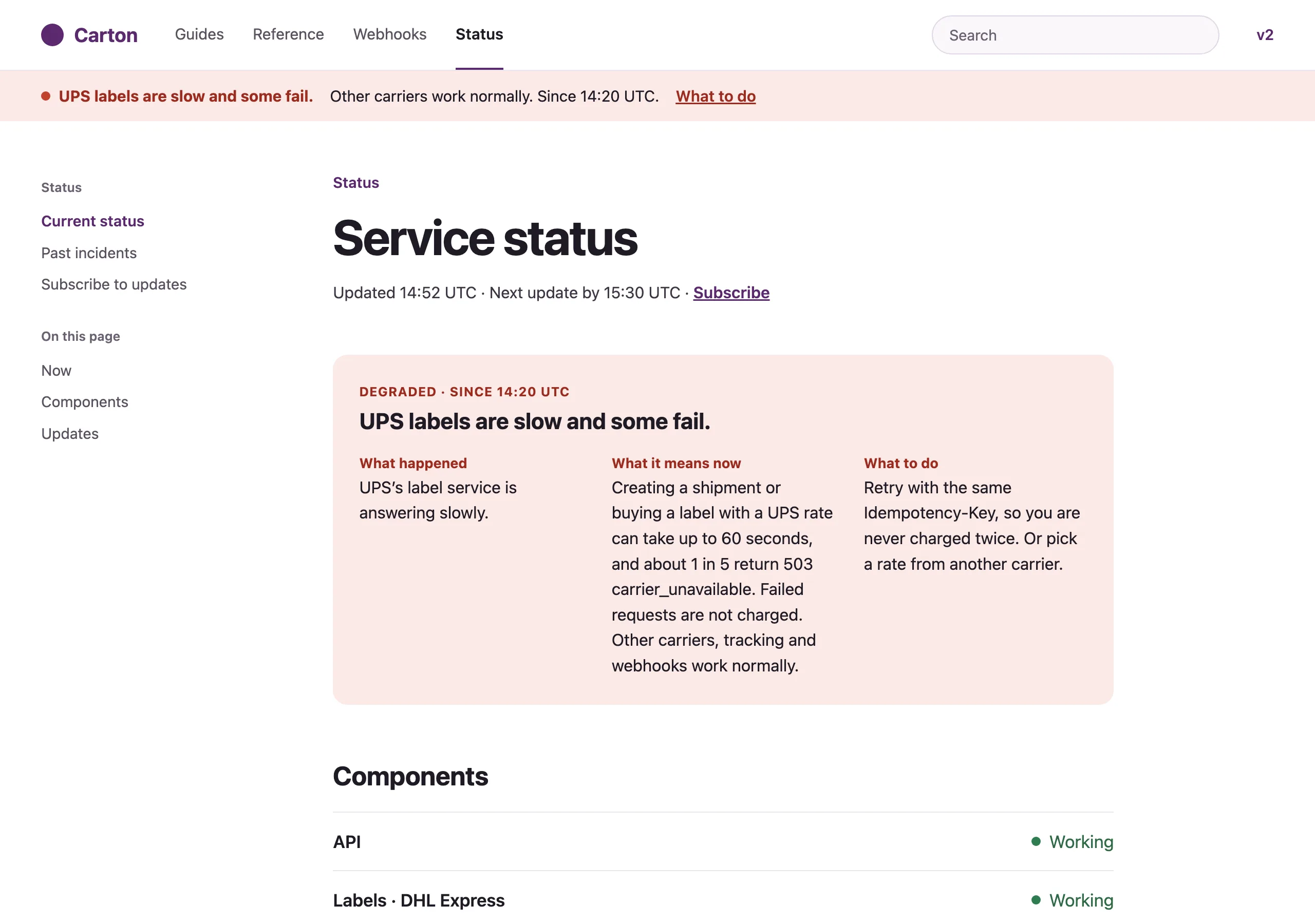 The Service having problems page of Carton