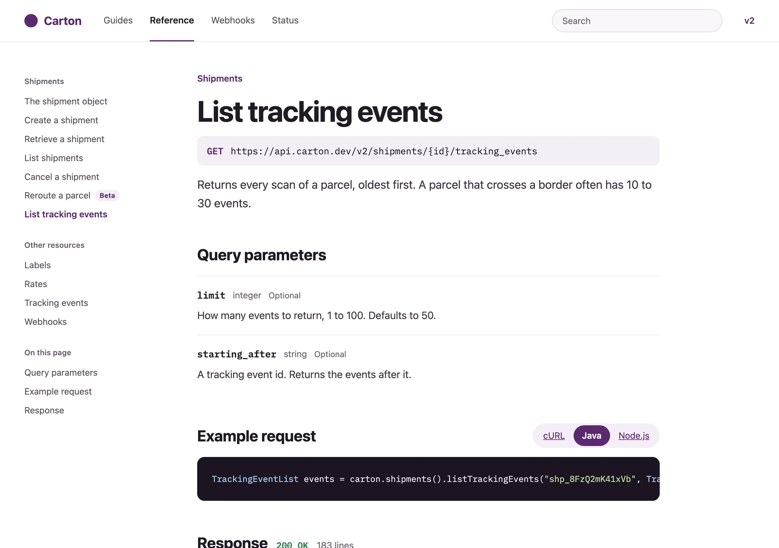 The Endpoint with a long response page of Carton