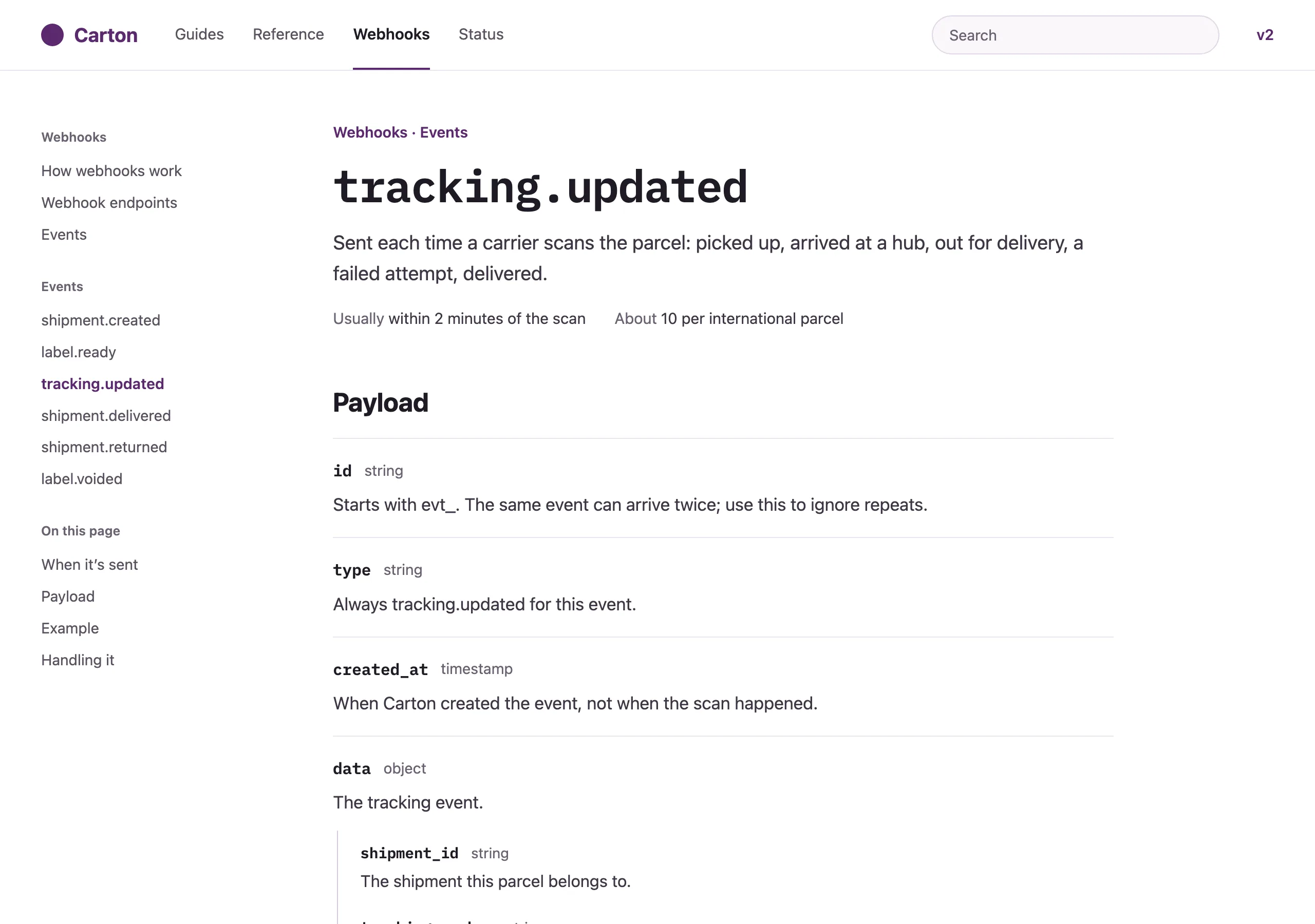 The One webhook event page of Carton
