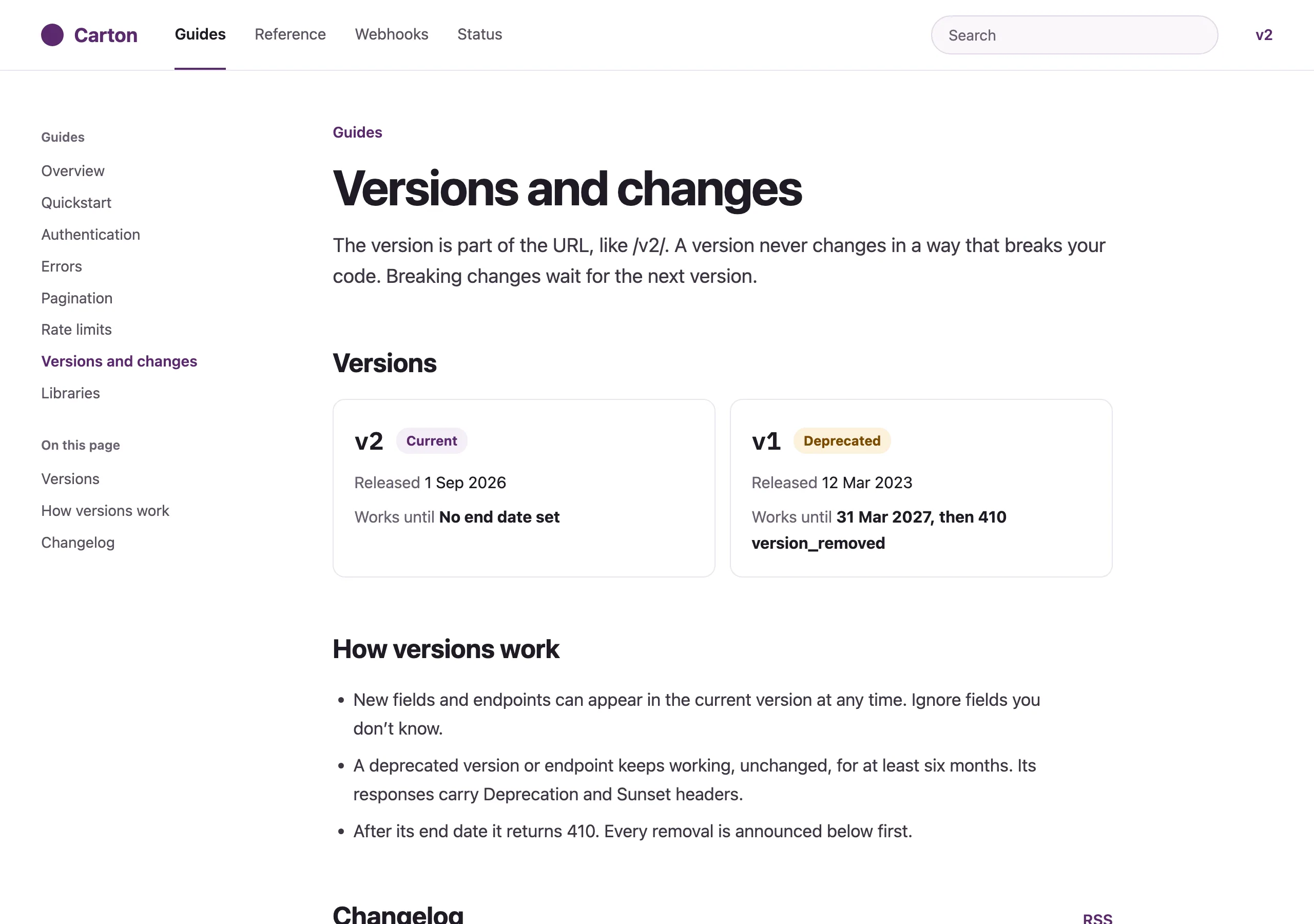 The Versions and changes page of Carton