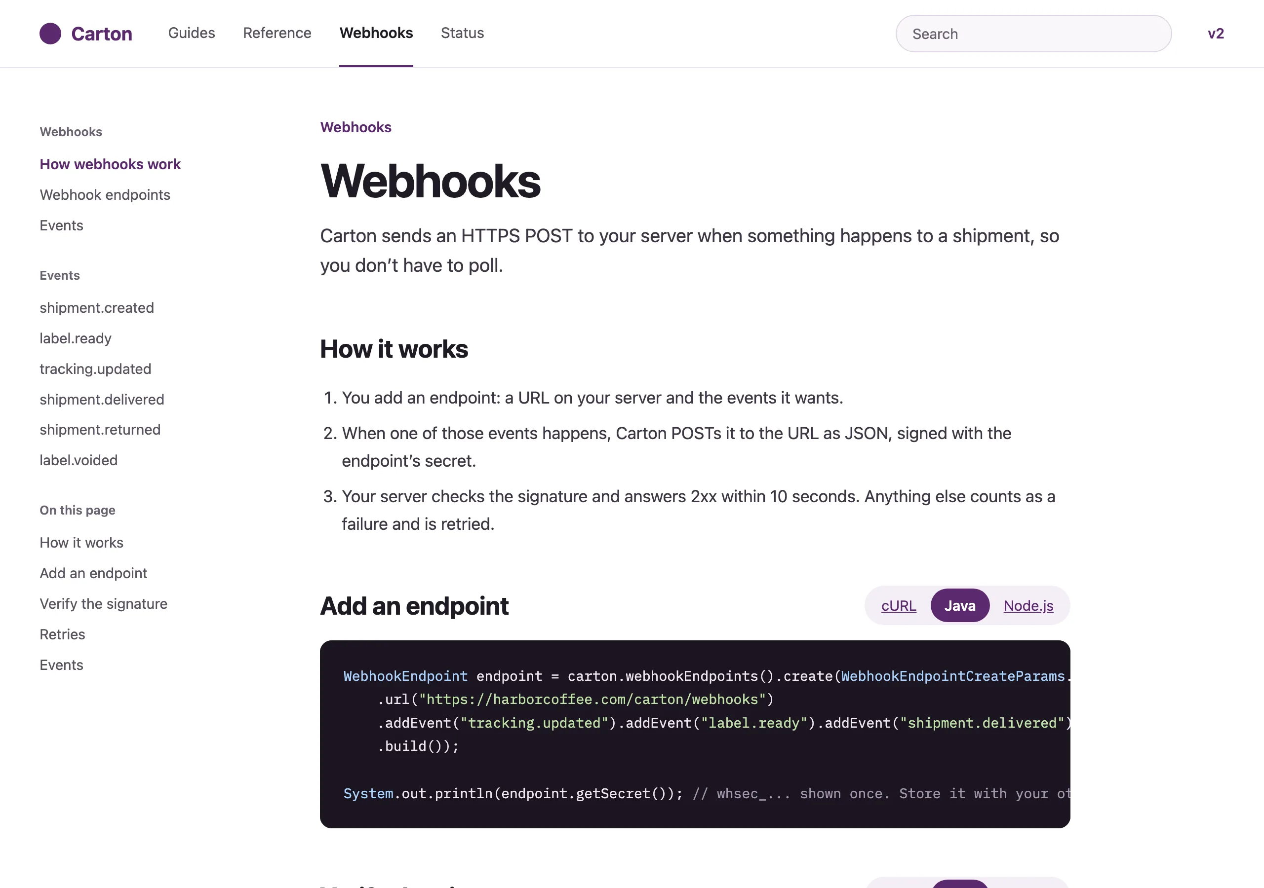 The Webhooks page of Carton