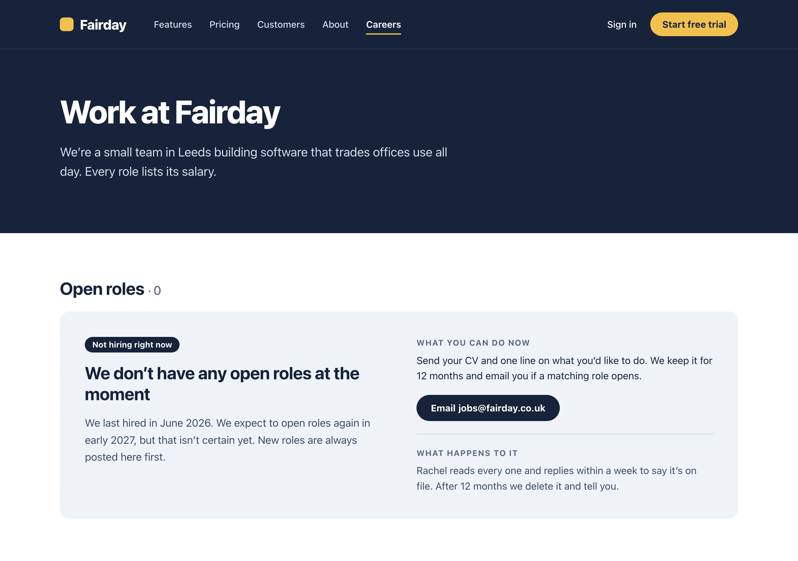 The Careers, no open roles page of Fairday