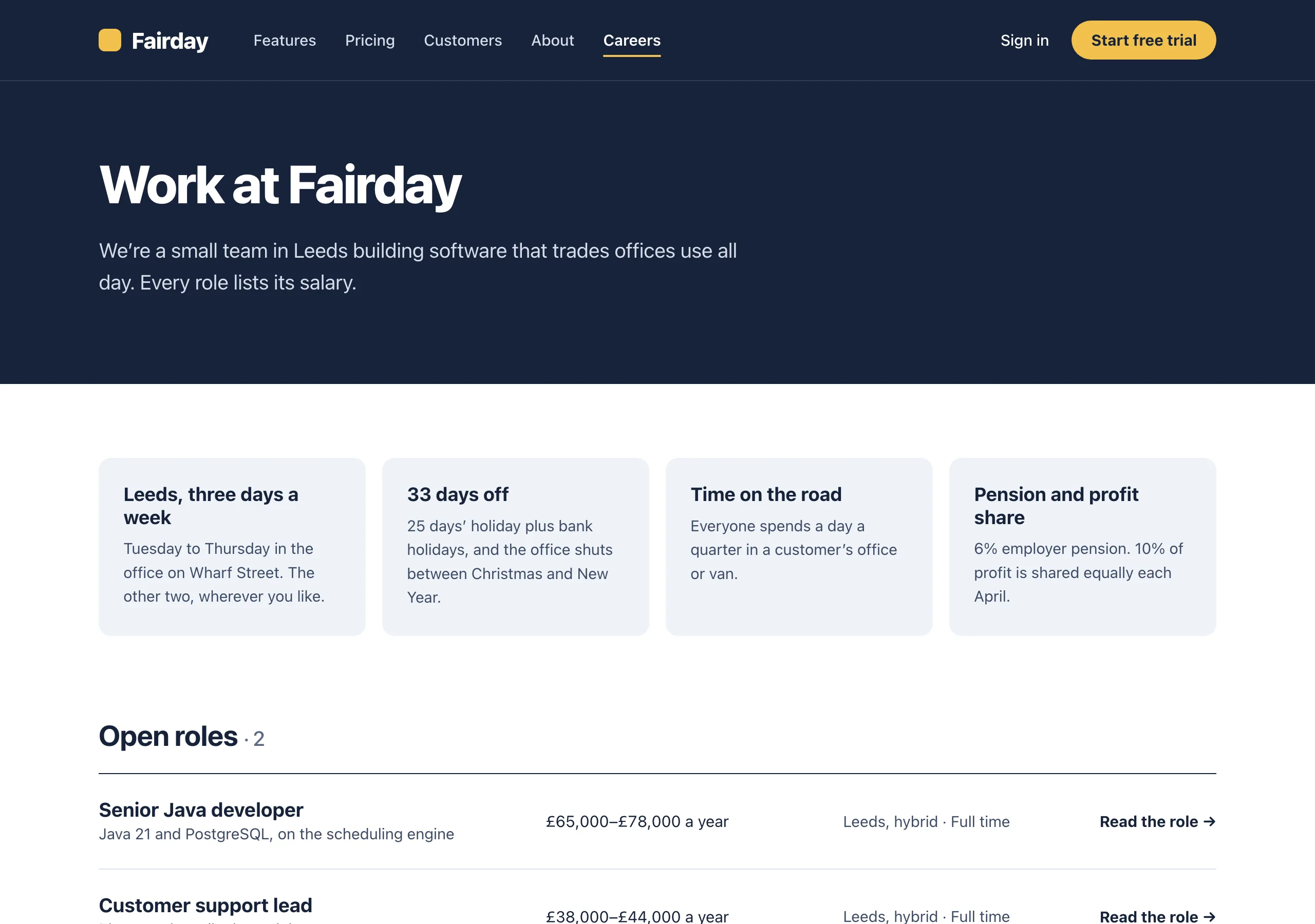 The Careers page of Fairday
