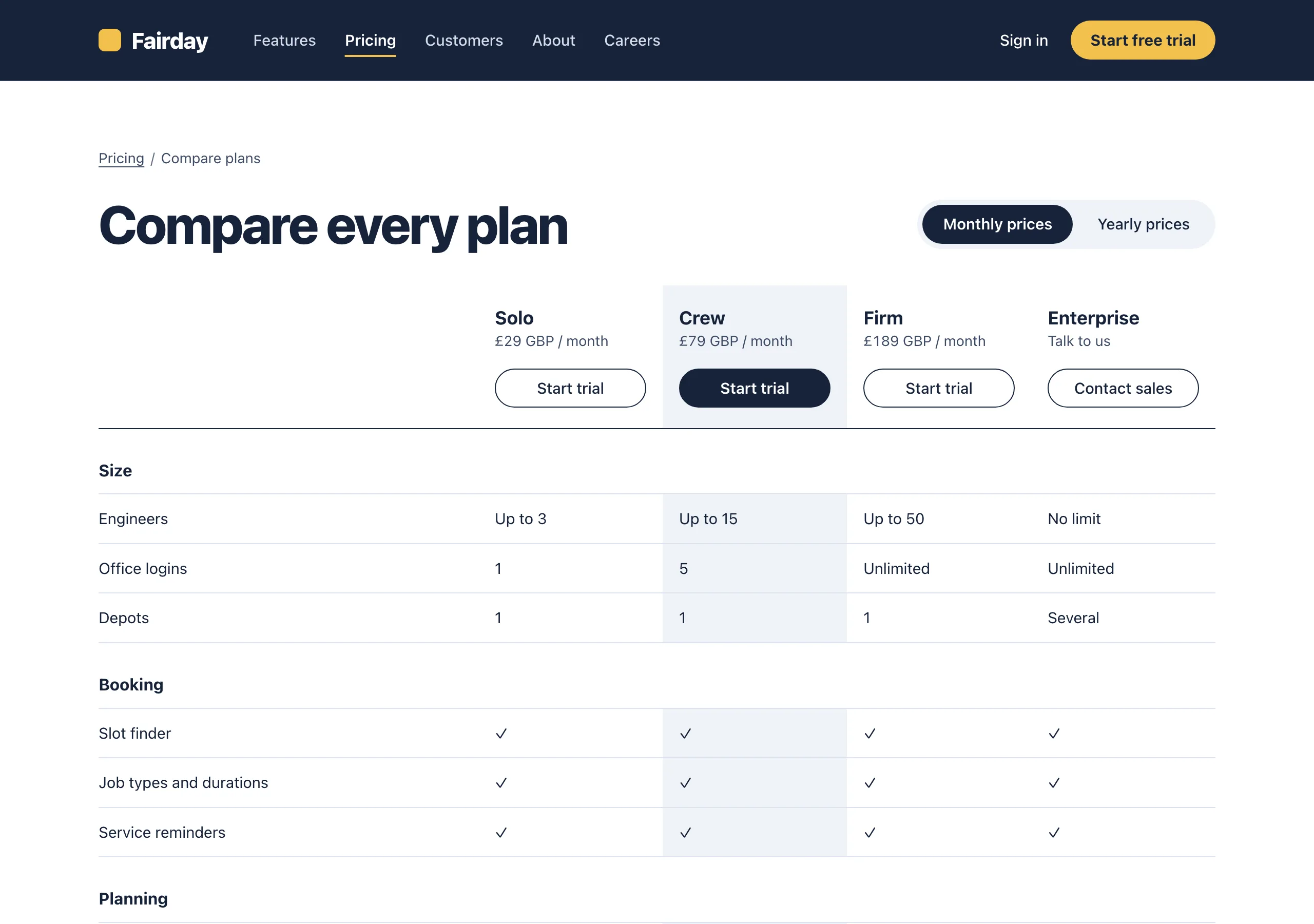 The Compare plans page of Fairday