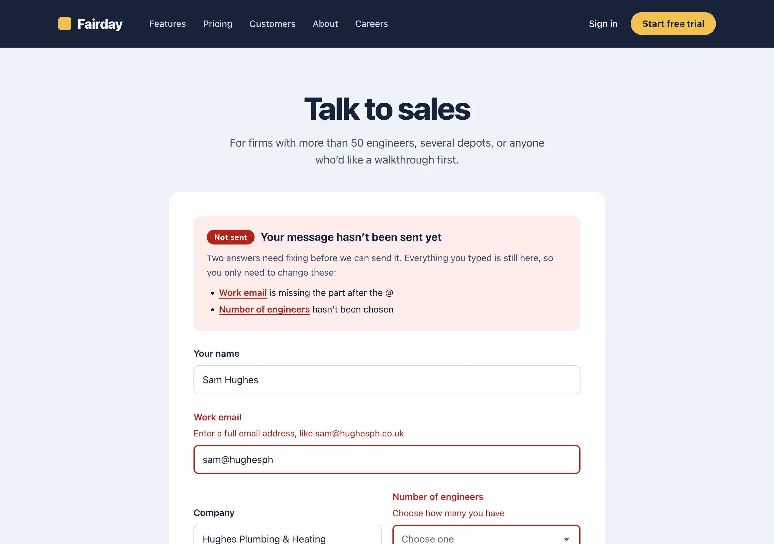 The Contact form rejected page of Fairday