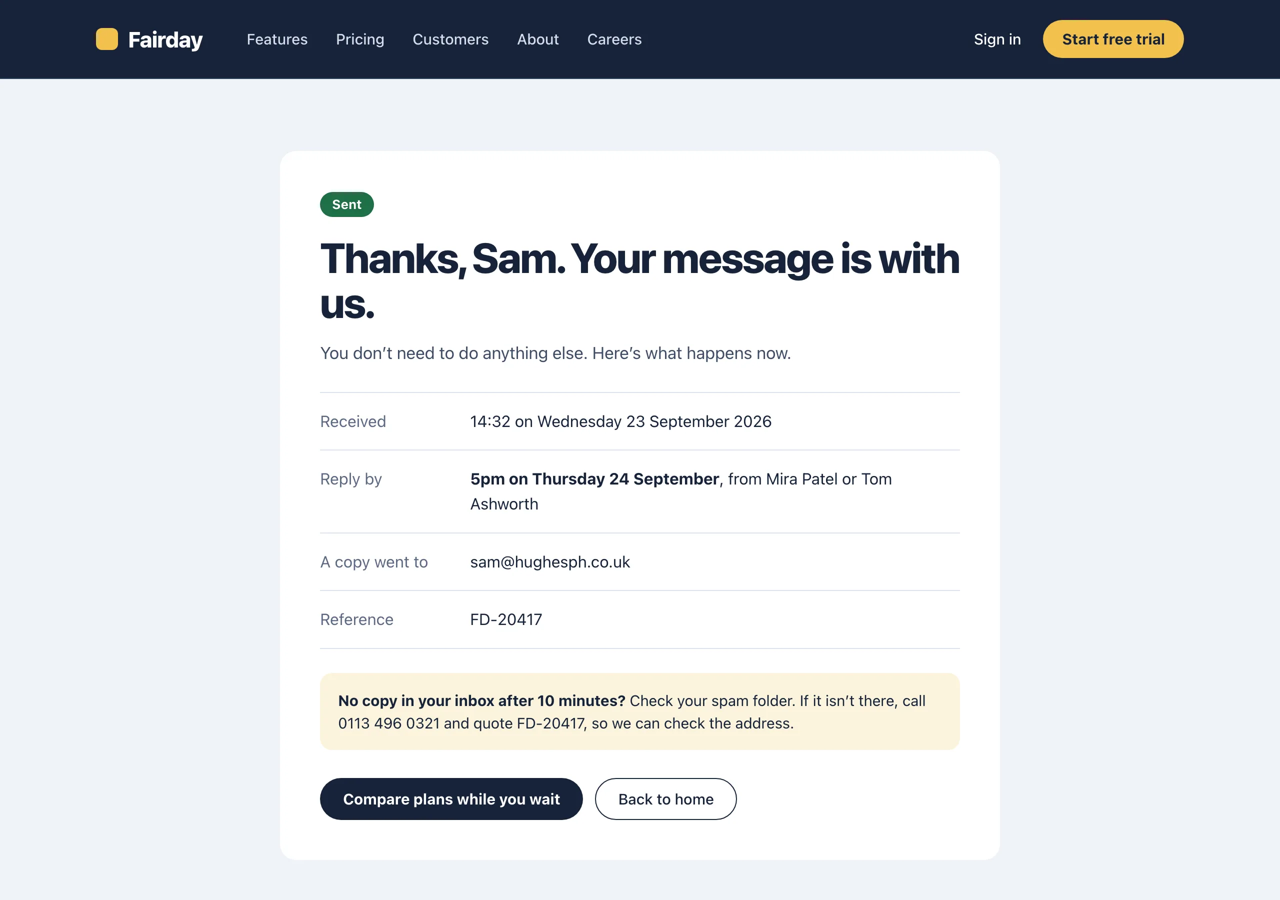 The Message sent page of Fairday