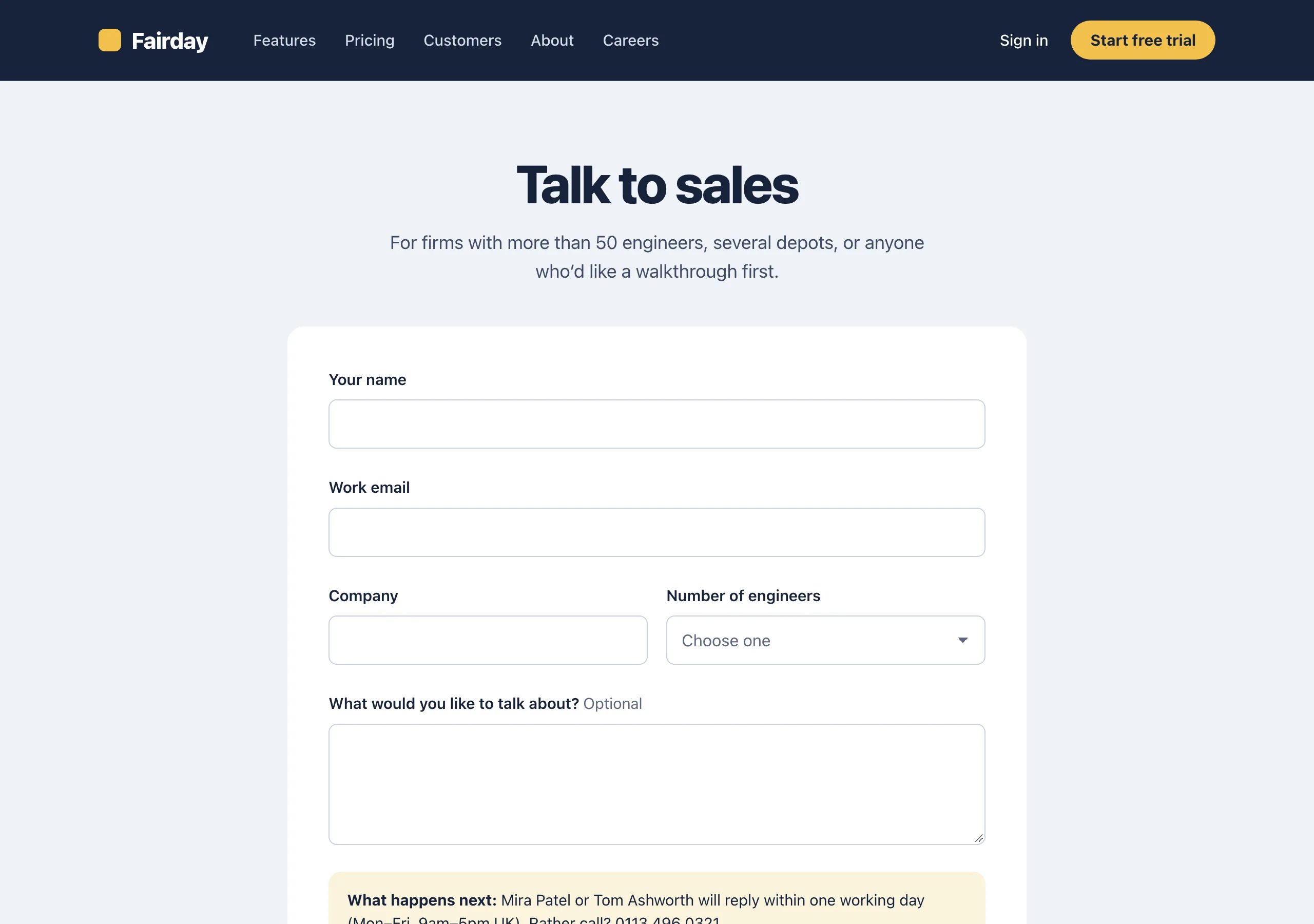 The Contact sales page of Fairday