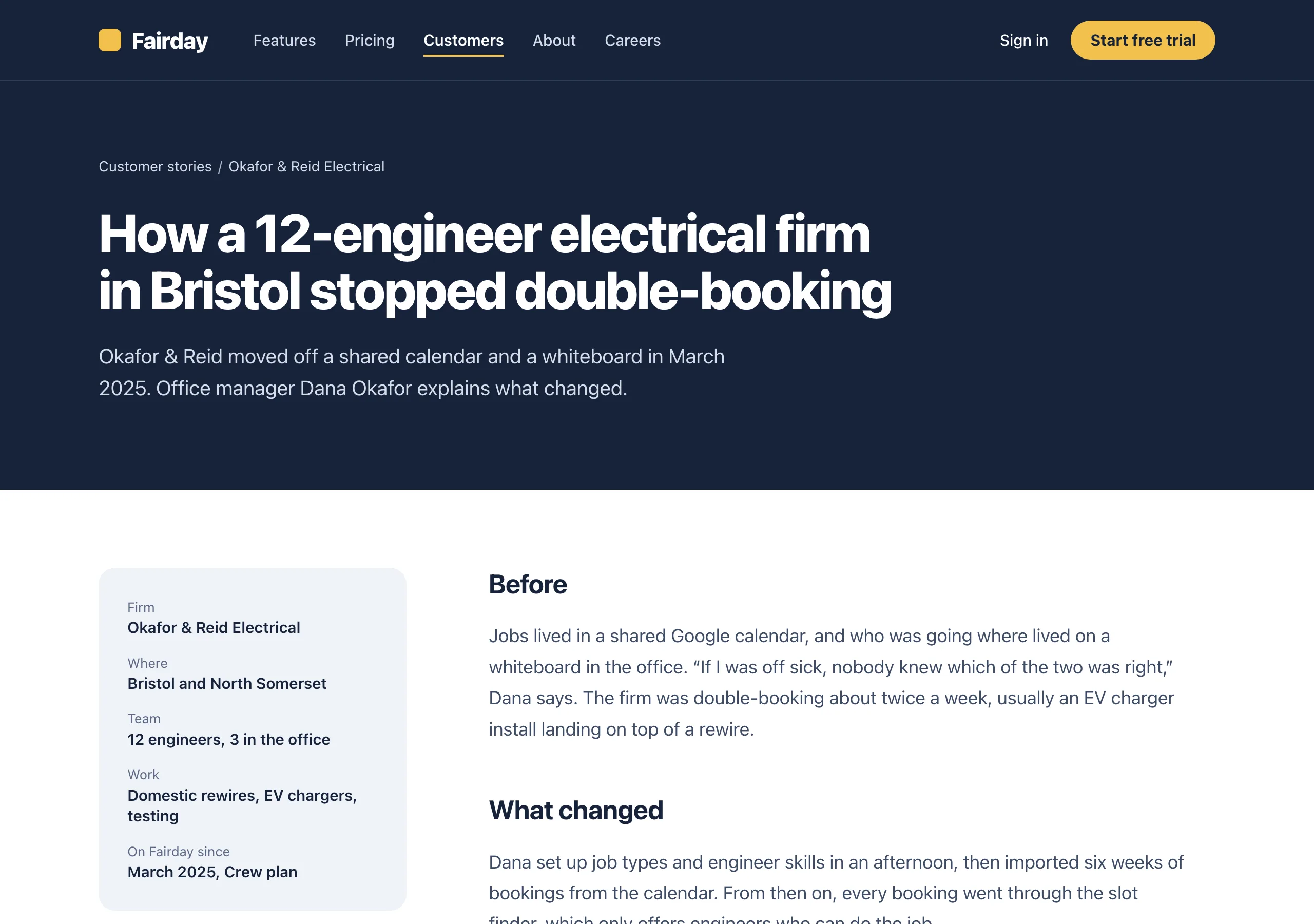 The Customer story page of Fairday