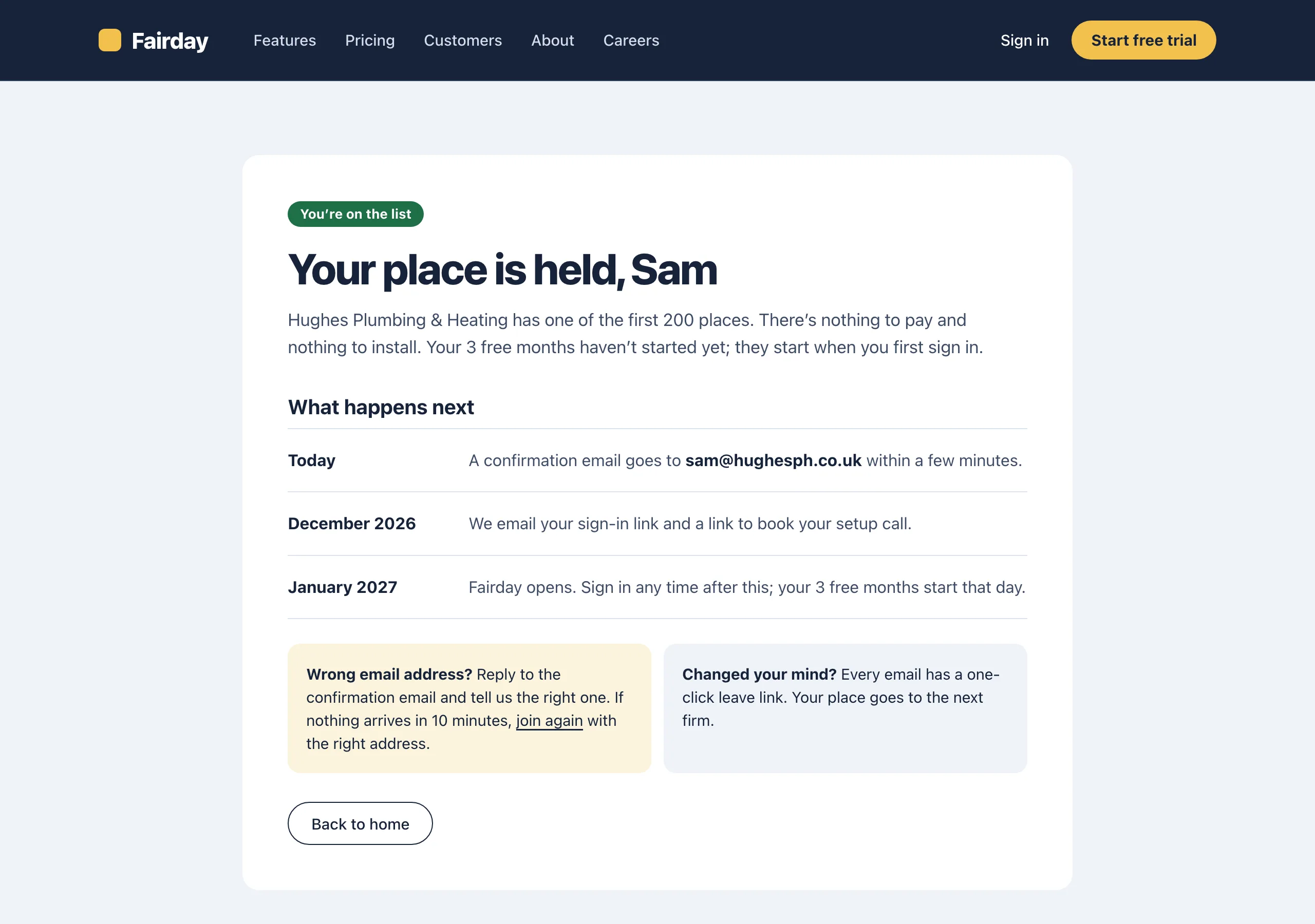 The Early access, joined page of Fairday