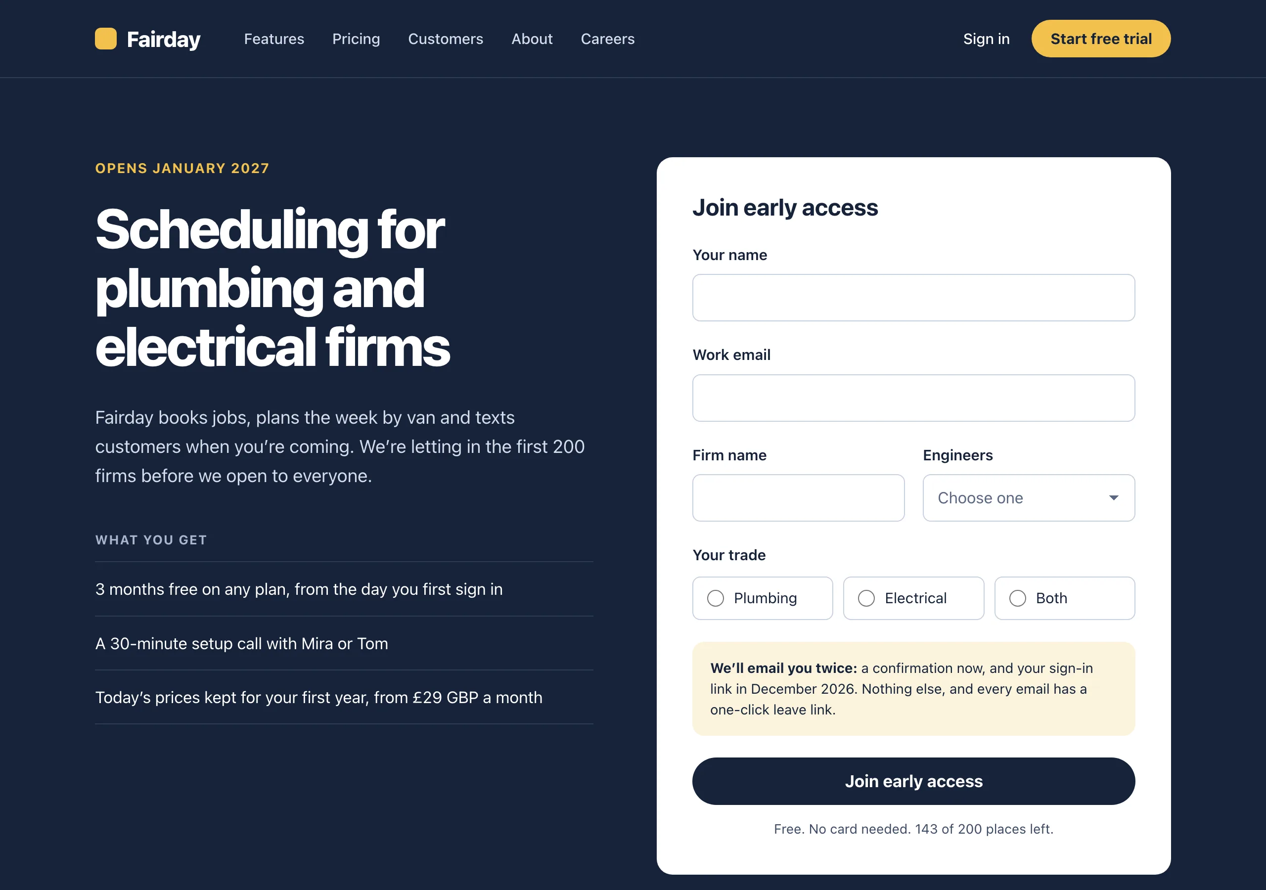 The Early access page of Fairday