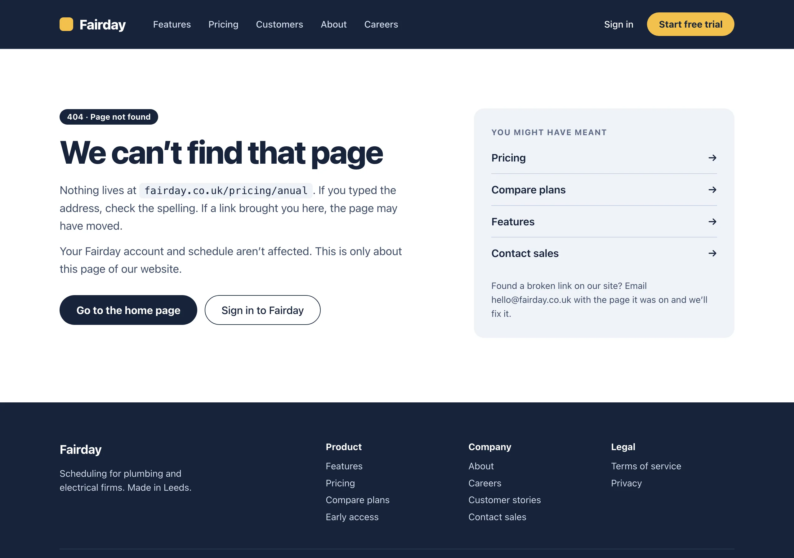 The Page not found page of Fairday