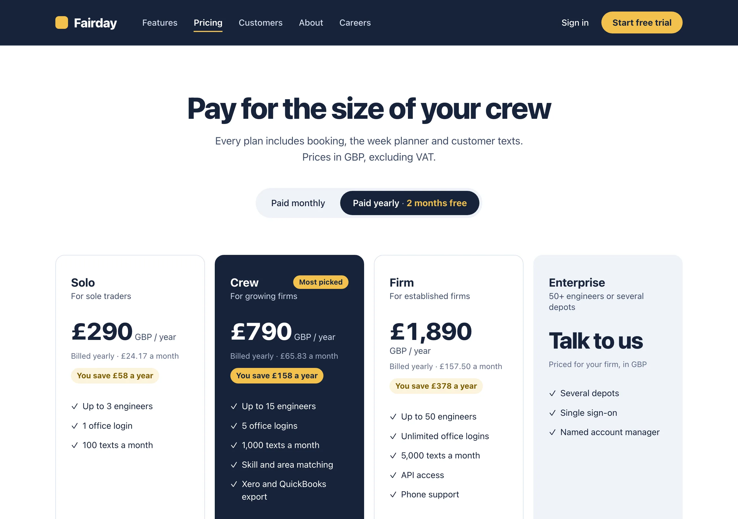 The Pricing, yearly page of Fairday