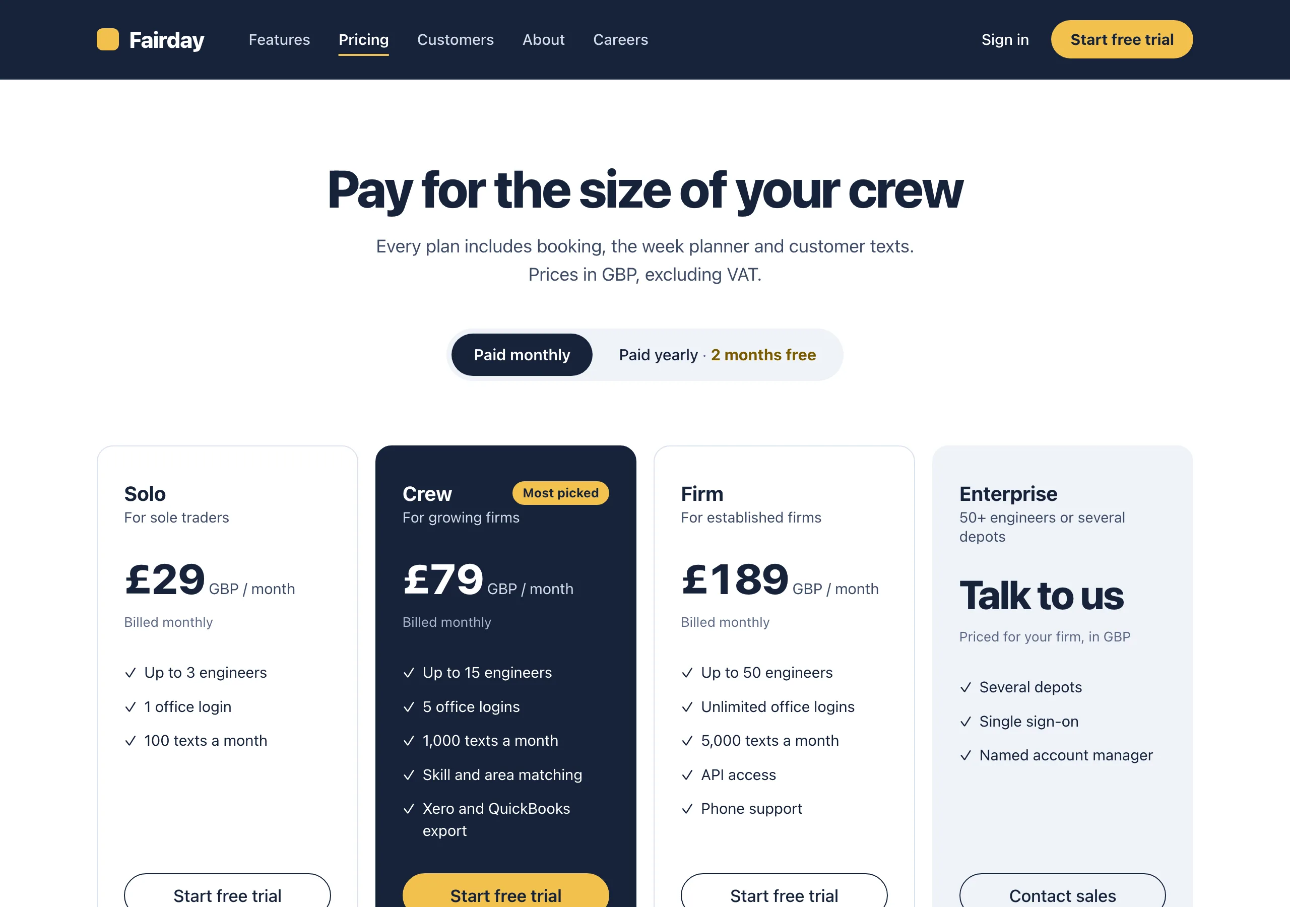 The Pricing, monthly page of Fairday