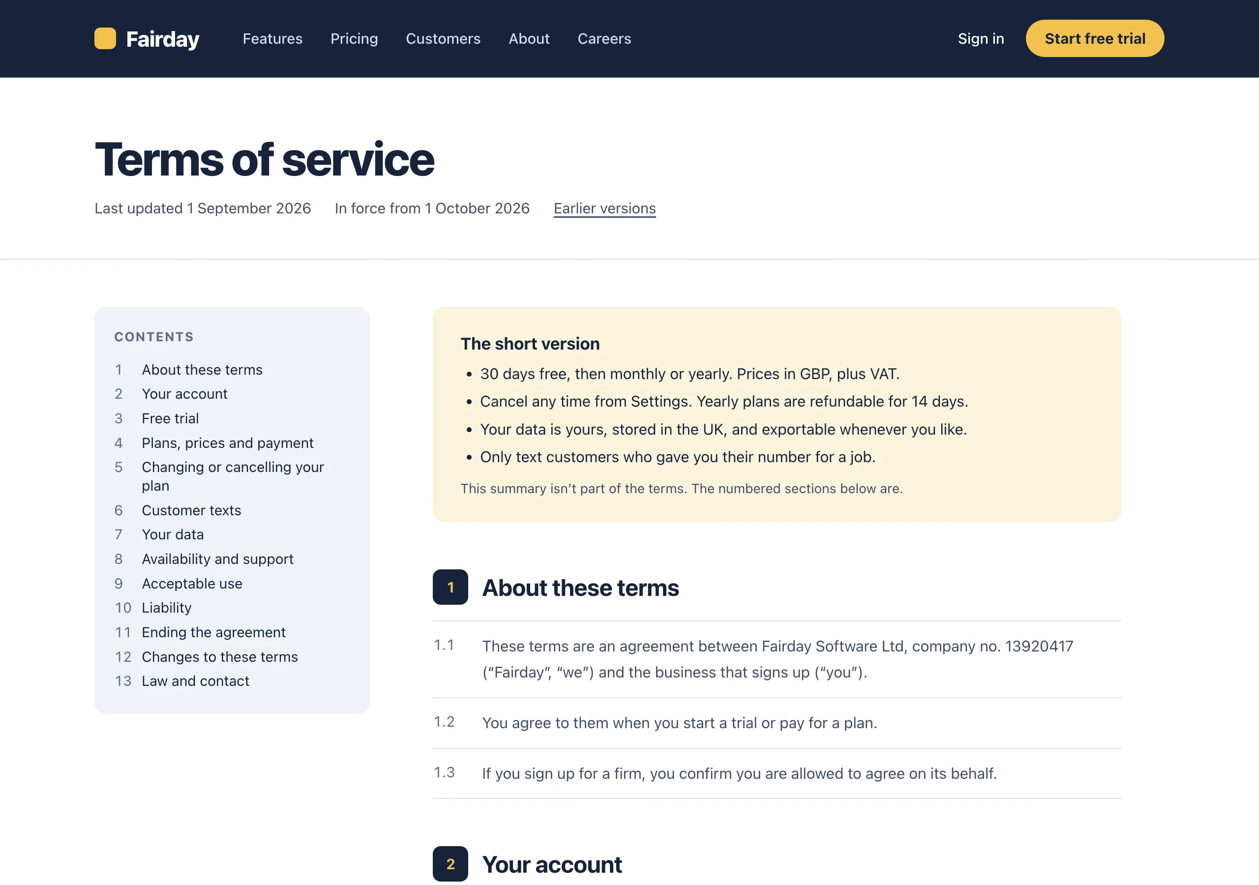 The Terms of service page of Fairday