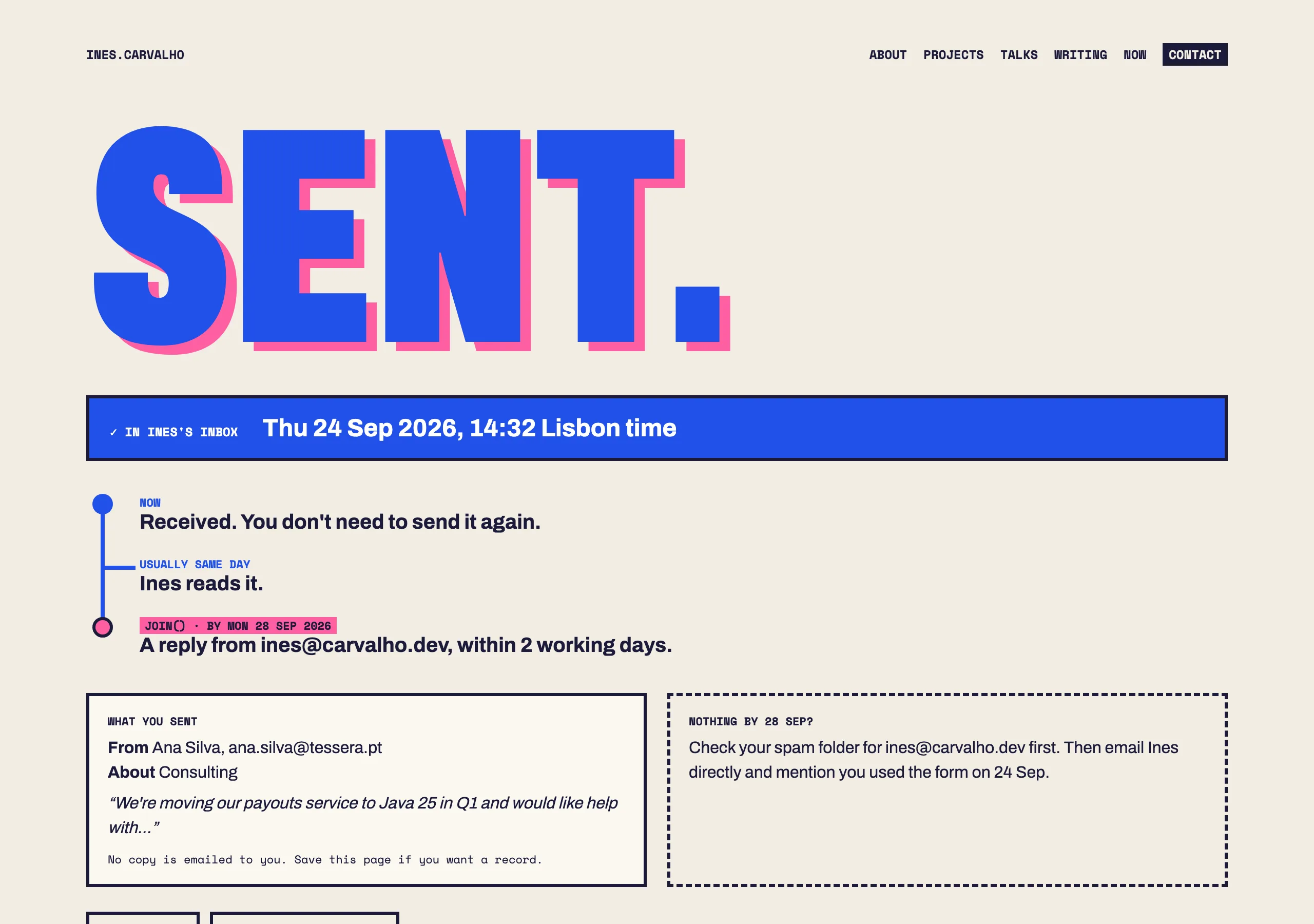 The Message sent page of Fork Join
