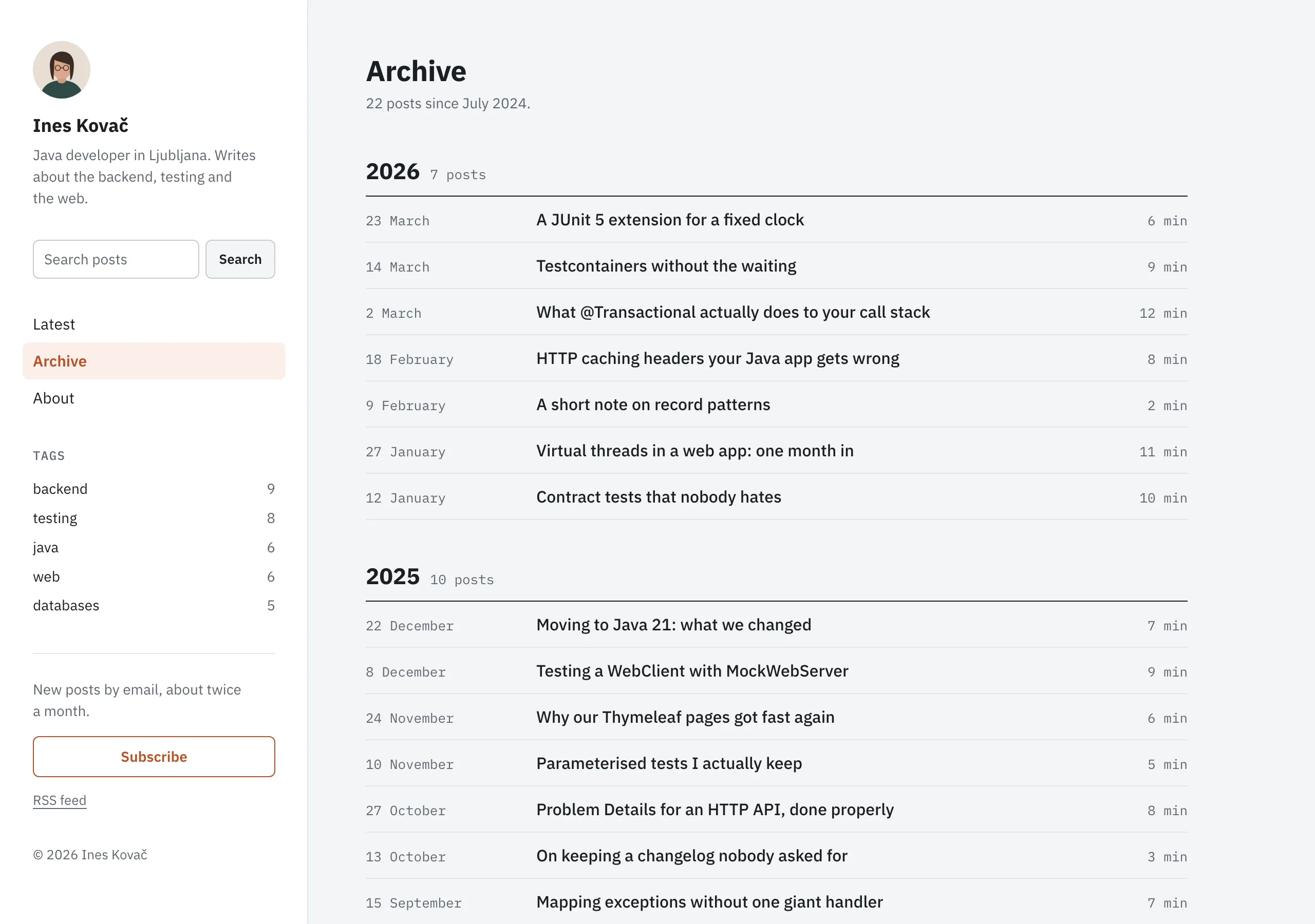 The Archive page of Longhand