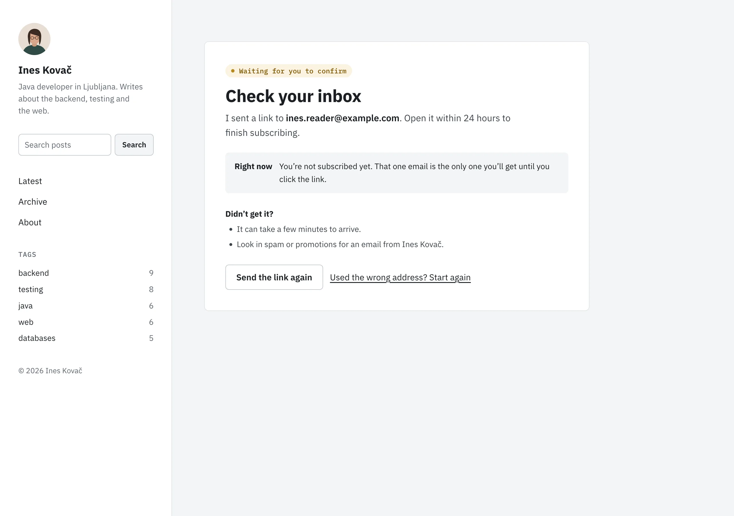 The Check your inbox page of Longhand
