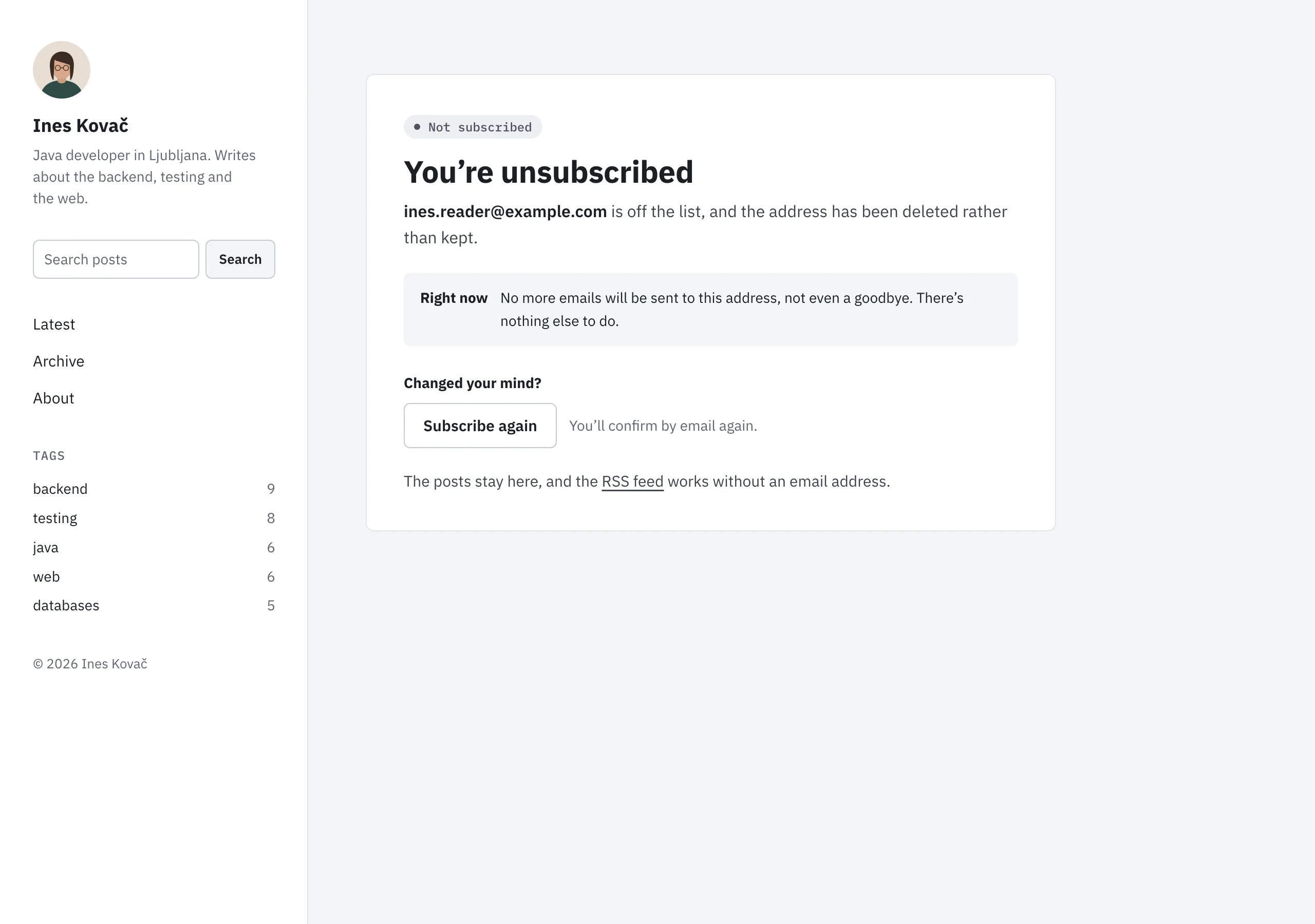 The Unsubscribed page of Longhand