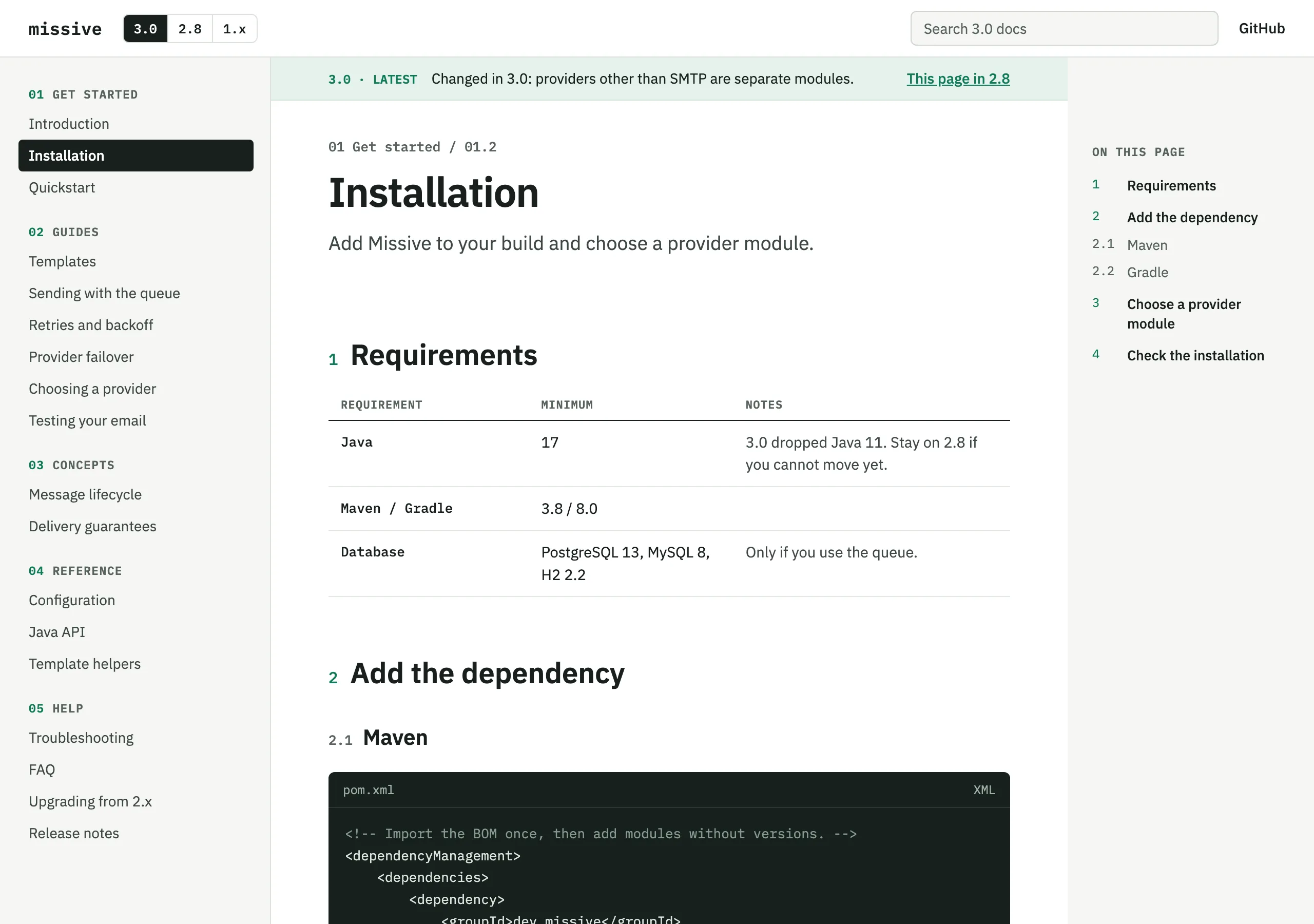 The Installation page of Missive