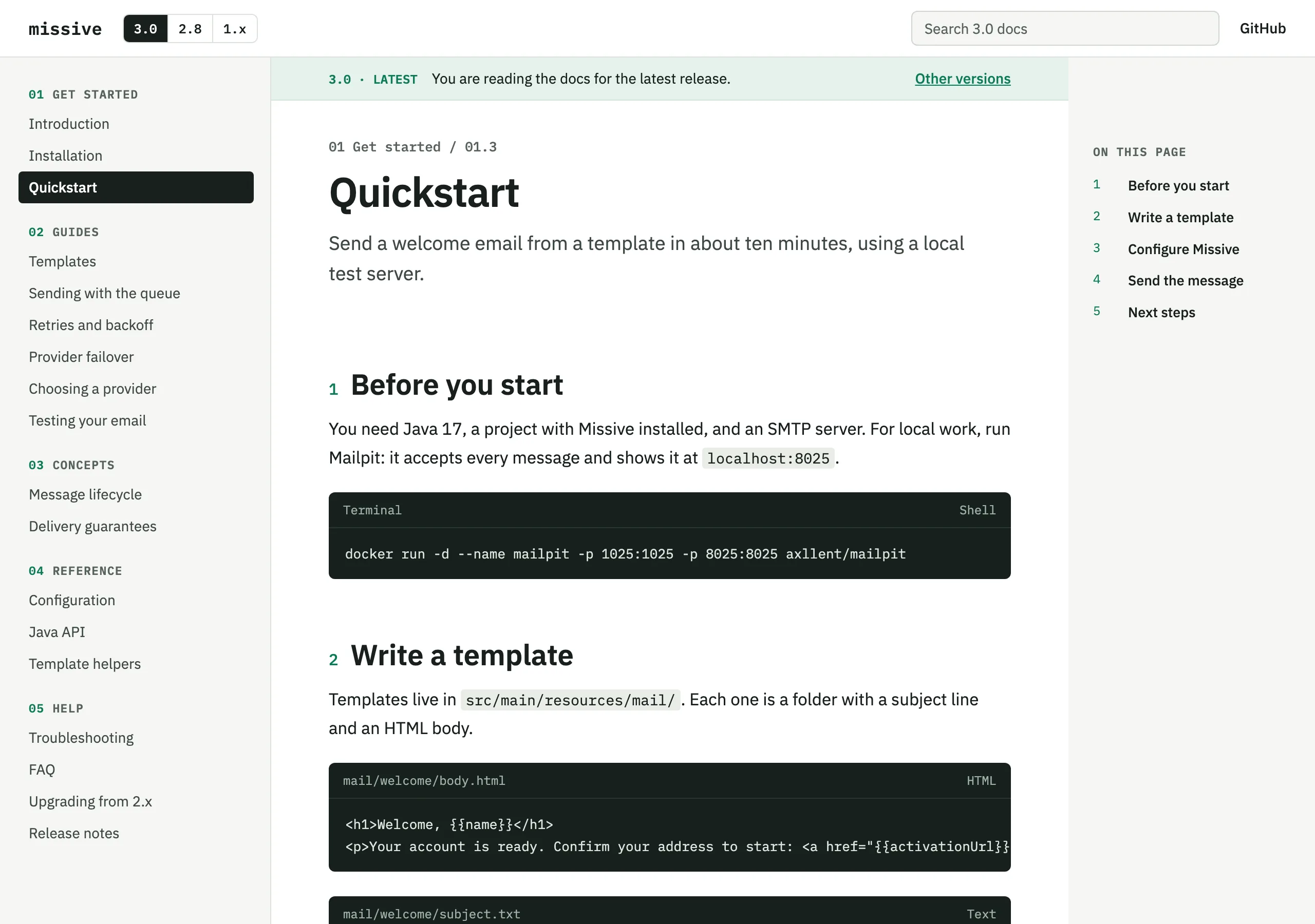 The Quickstart page of Missive