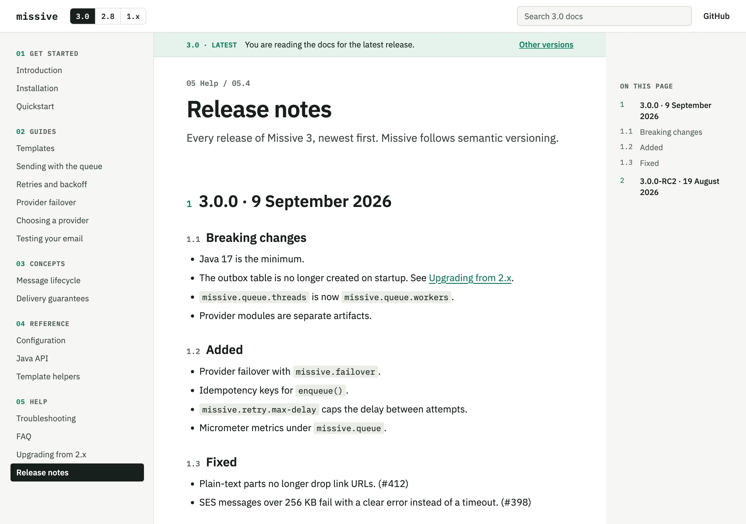 The Release notes page of Missive