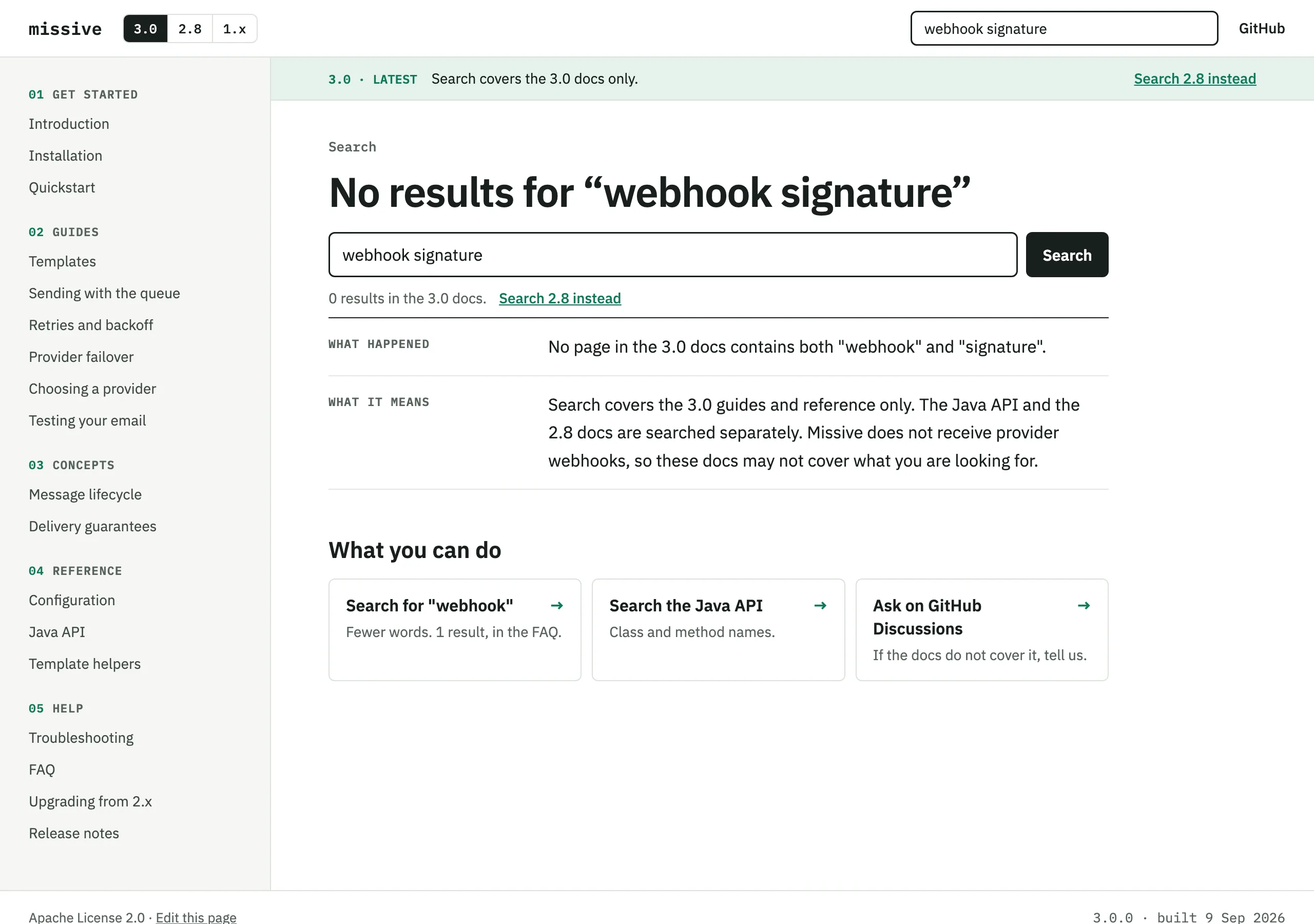 The No results page of Missive
