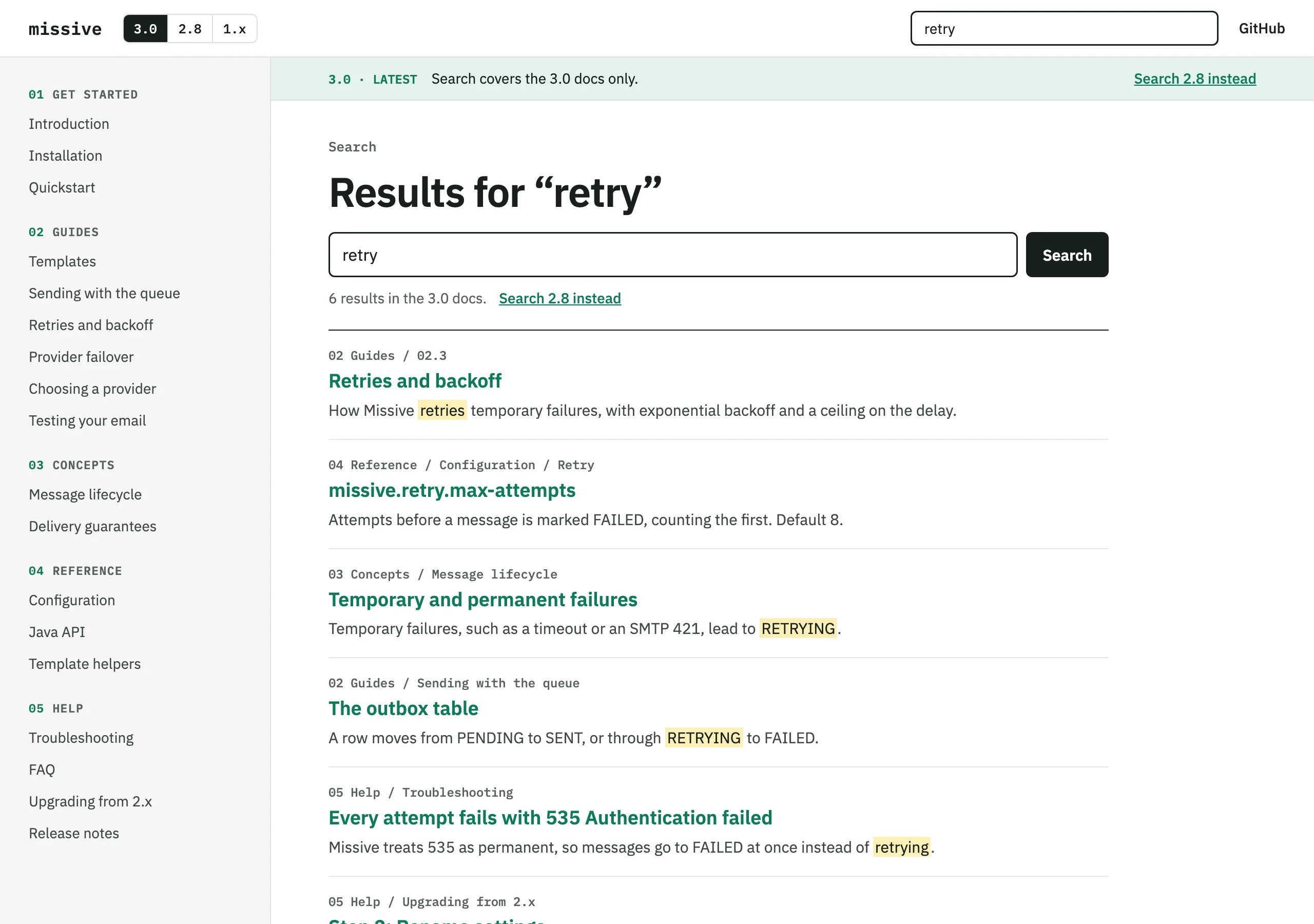 The Search results page of Missive