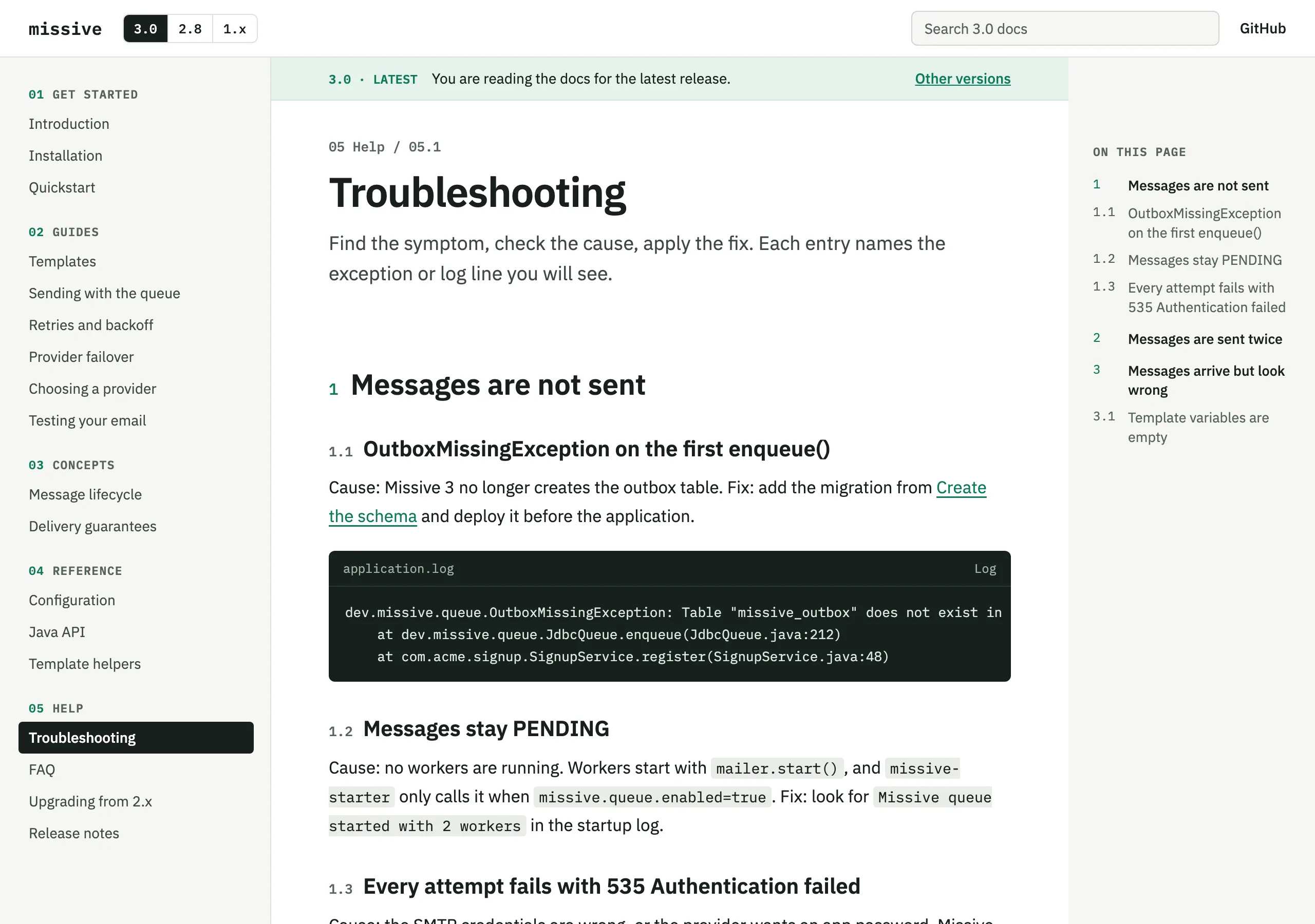 The Troubleshooting page of Missive