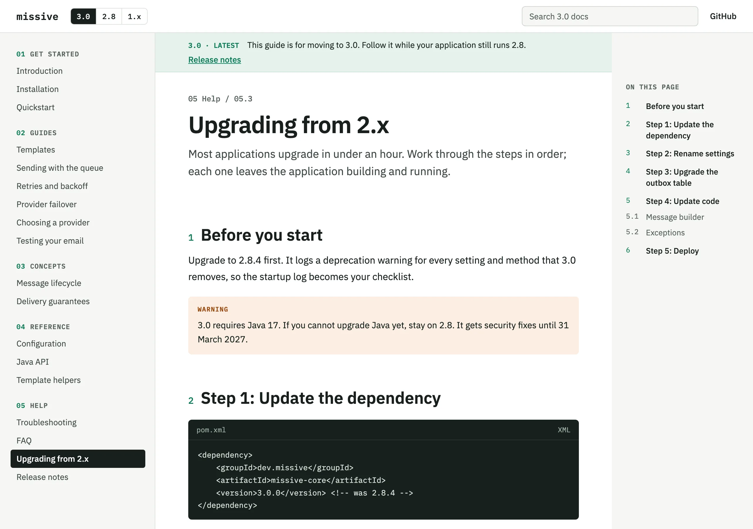 The Upgrade guide page of Missive