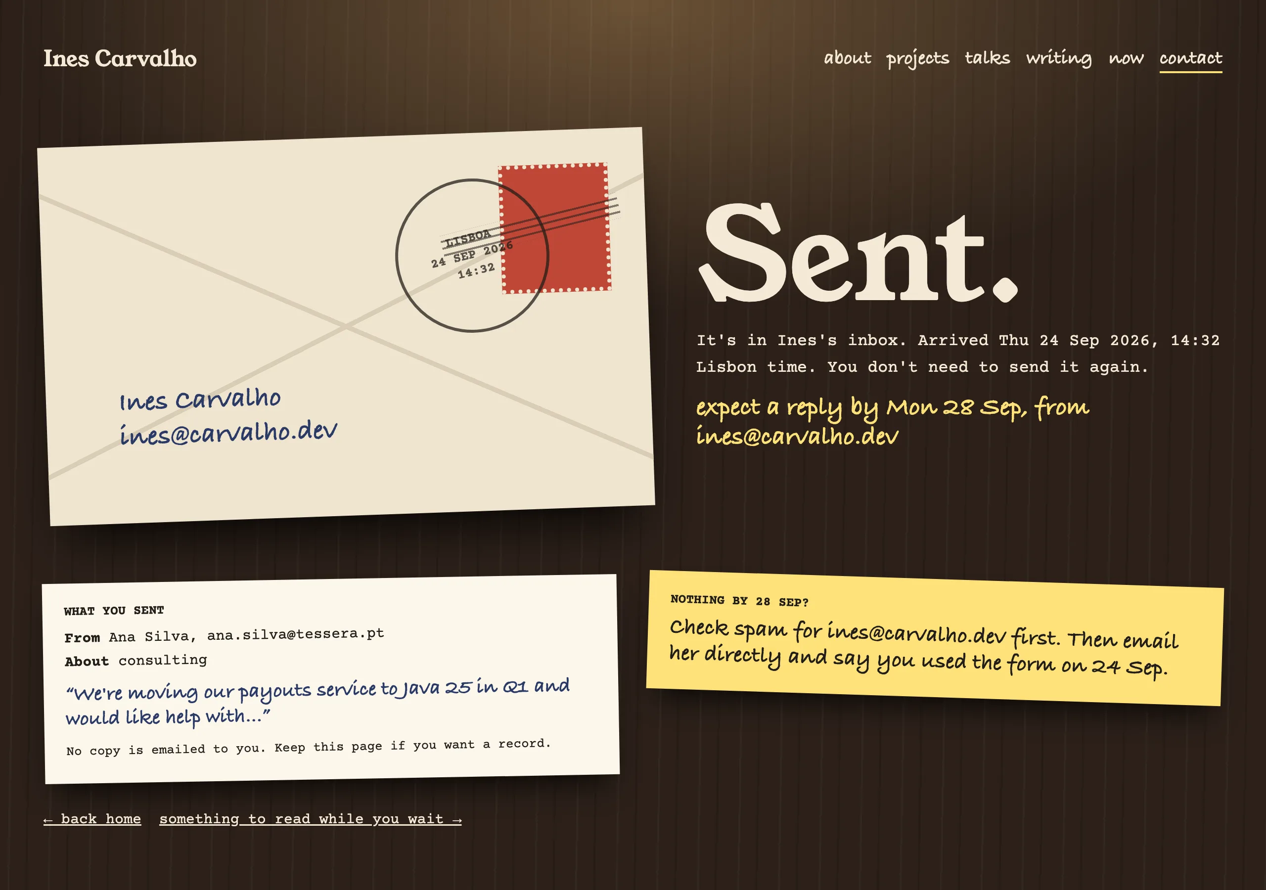 The Message sent page of Night Desk
