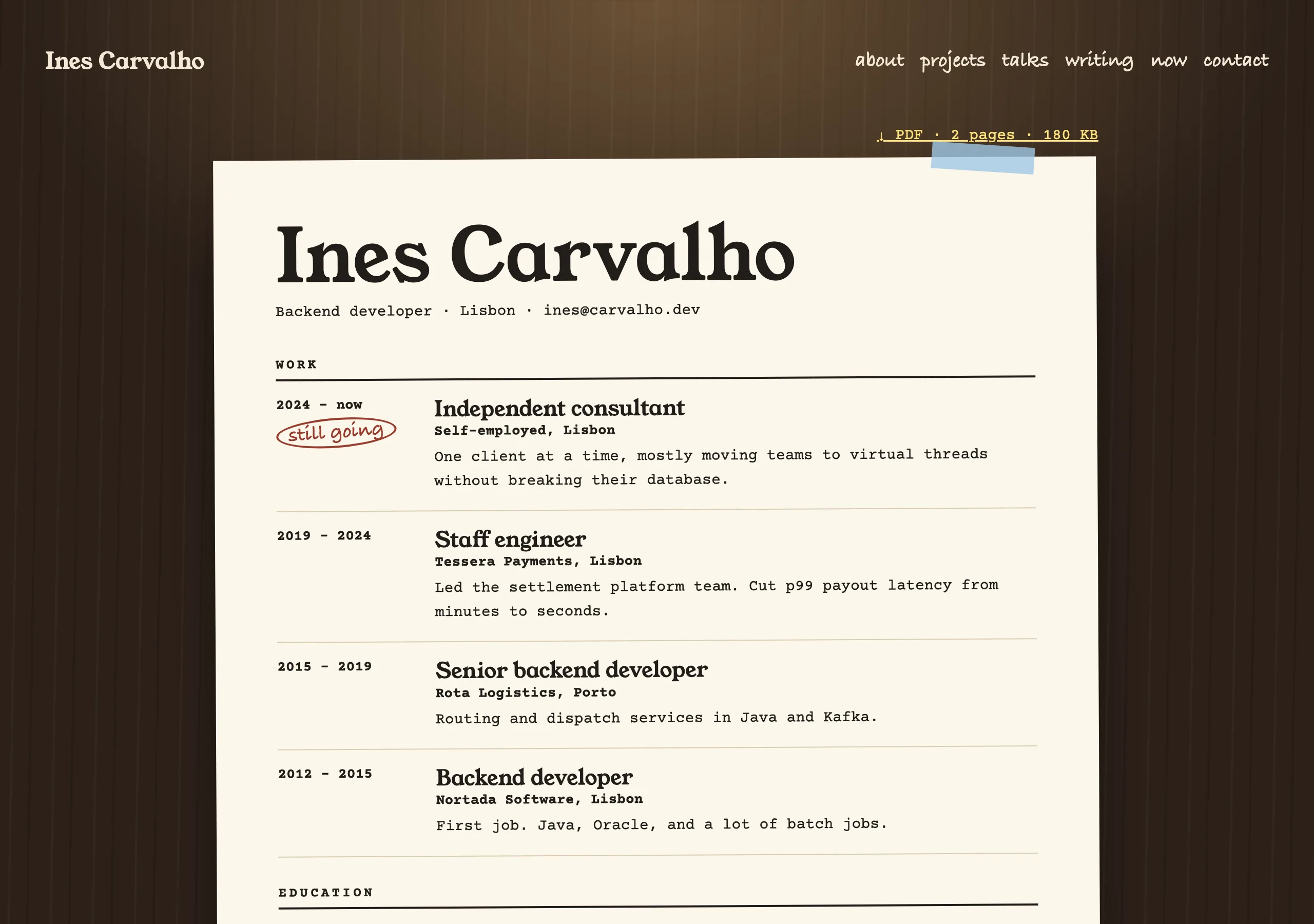 The Résumé page of Night Desk