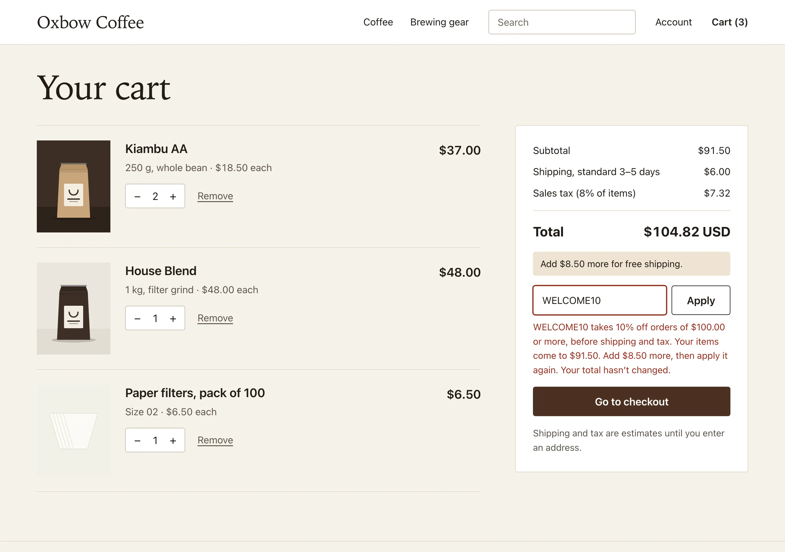 The Discount code rejected page of Oxbow