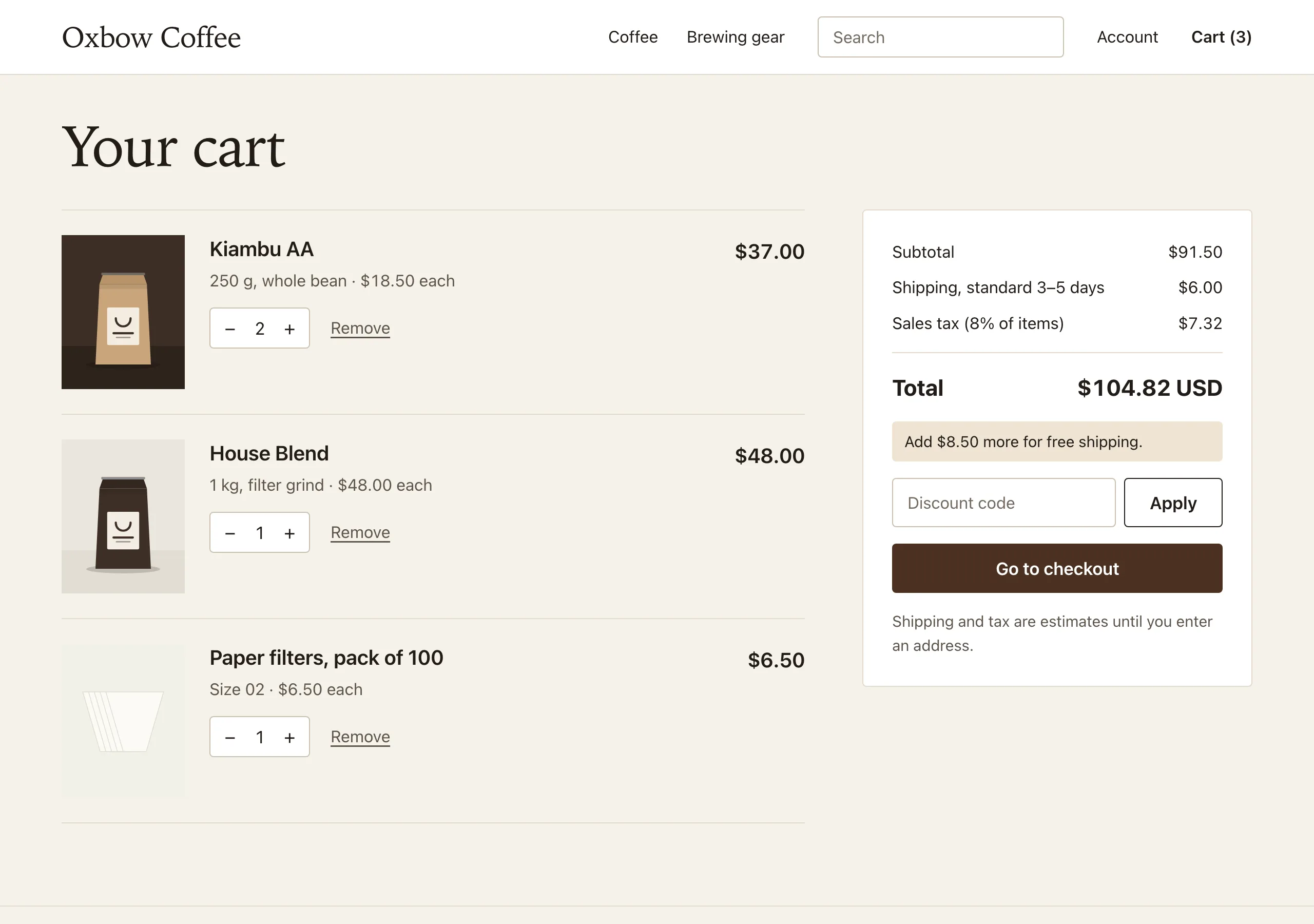 The Cart page of Oxbow