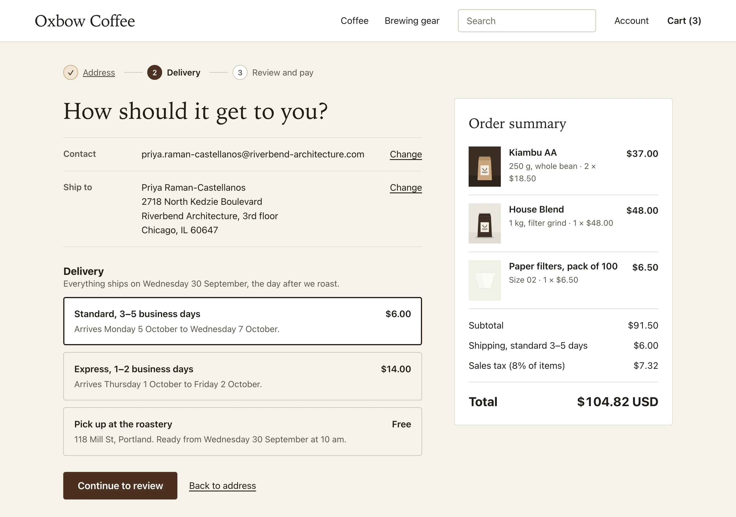 The Checkout, delivery page of Oxbow