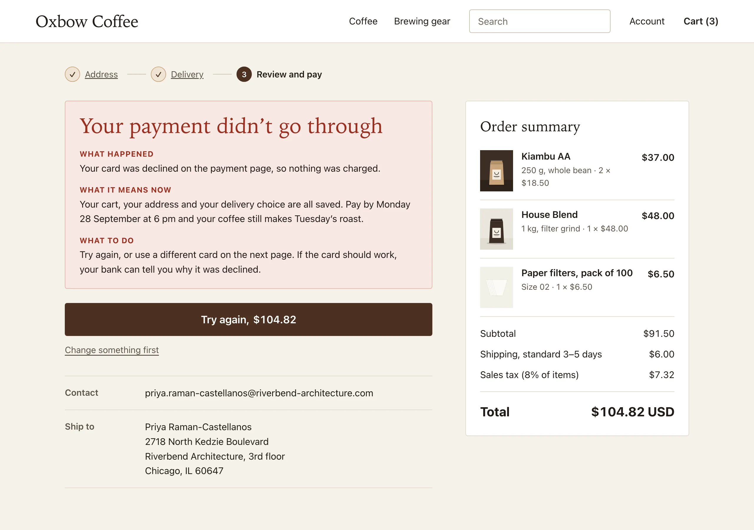 The Payment not taken page of Oxbow