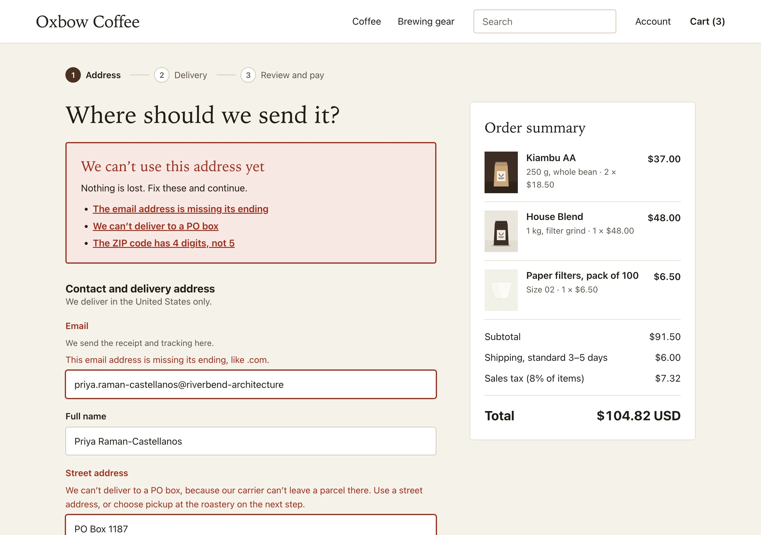 The Address rejected page of Oxbow