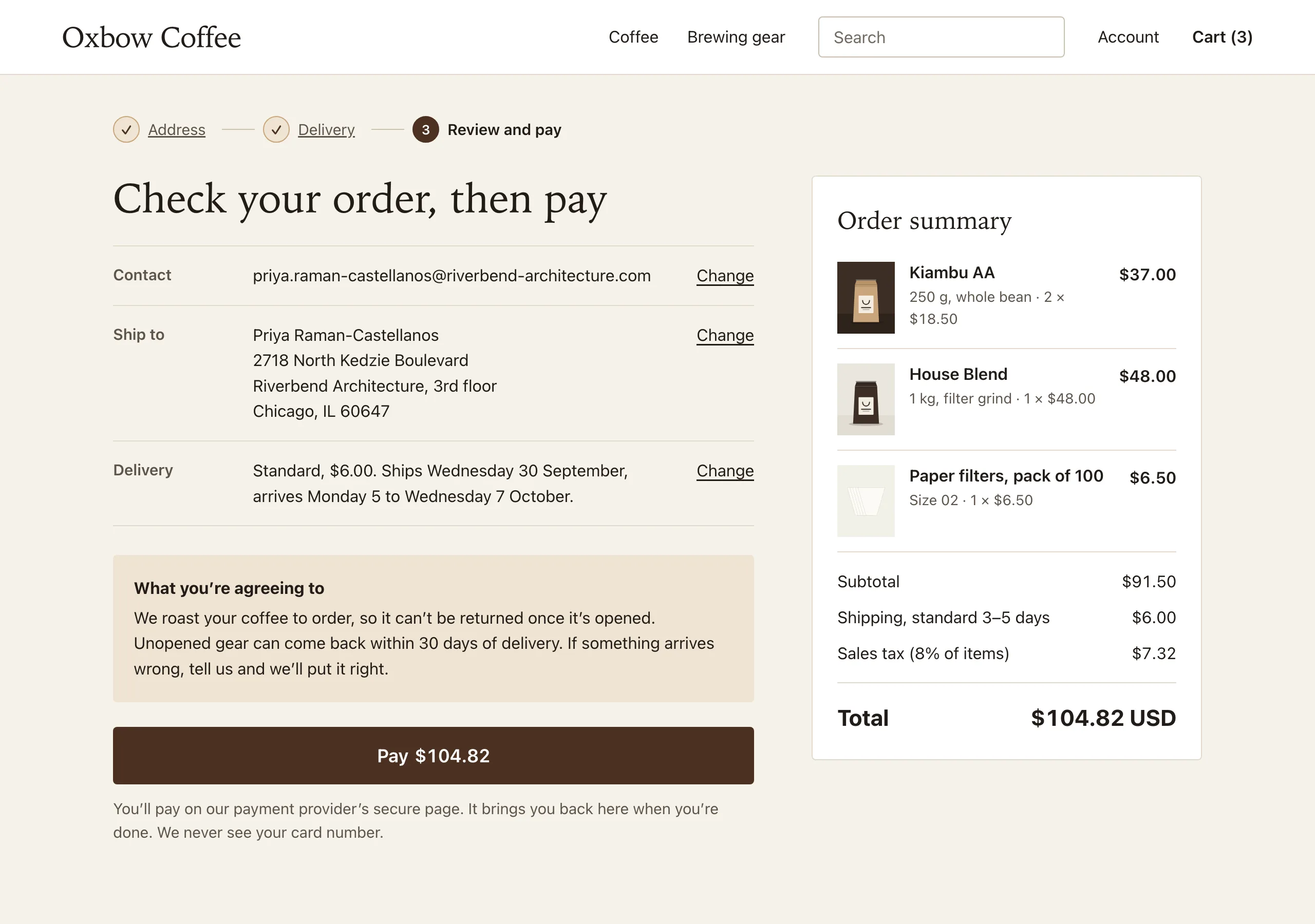 The Review and pay page of Oxbow