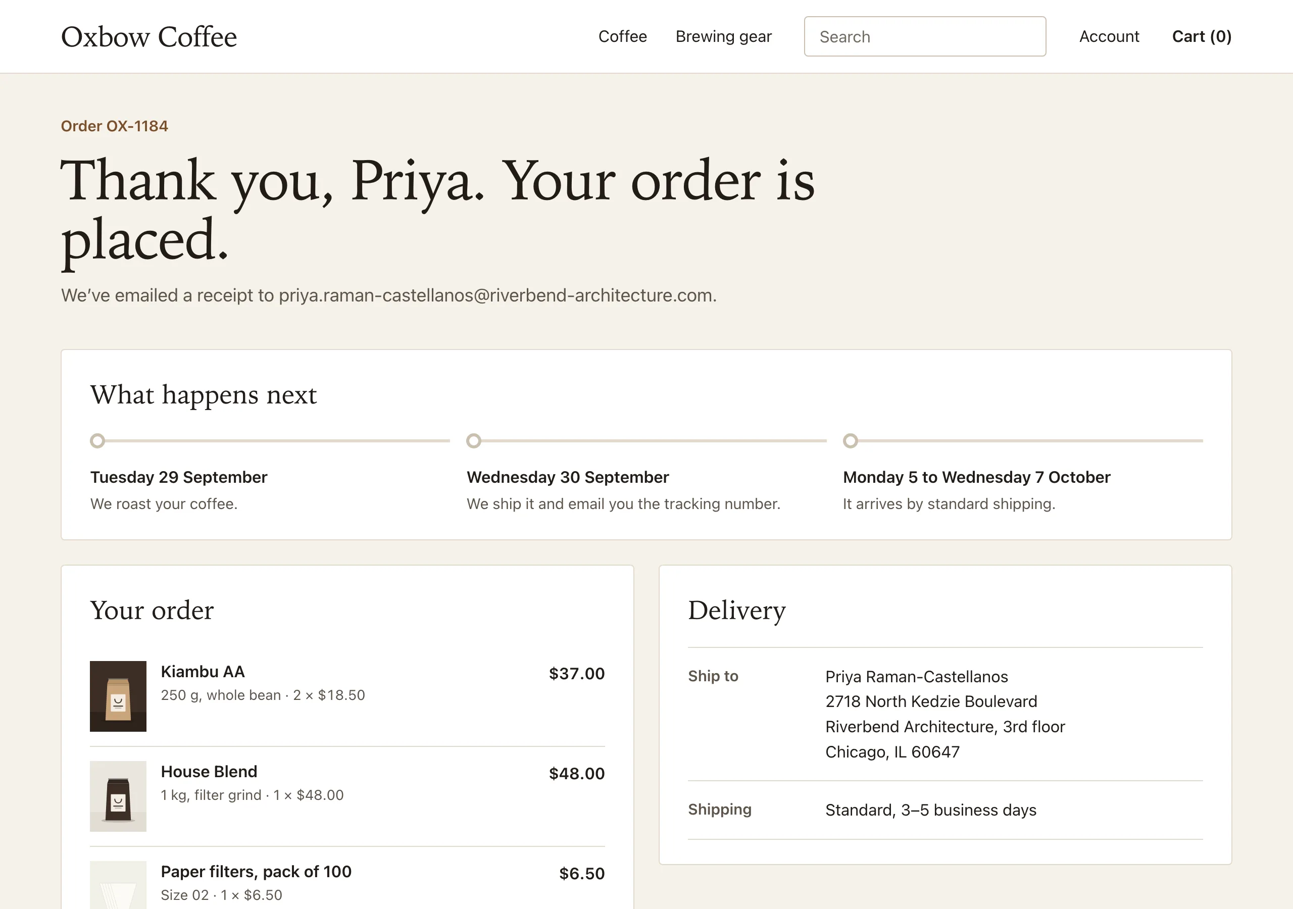 The Order placed page of Oxbow