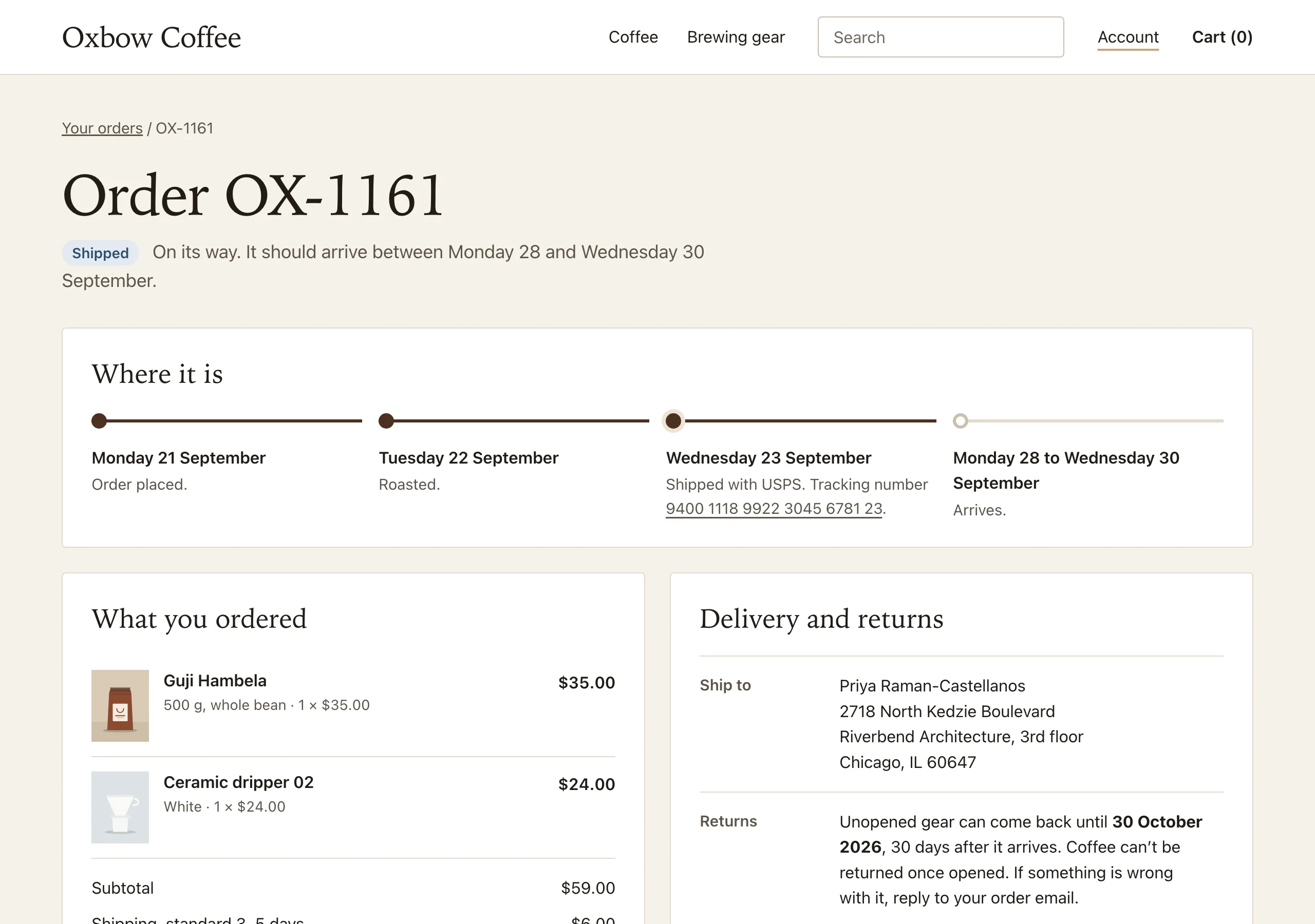 The One order page of Oxbow