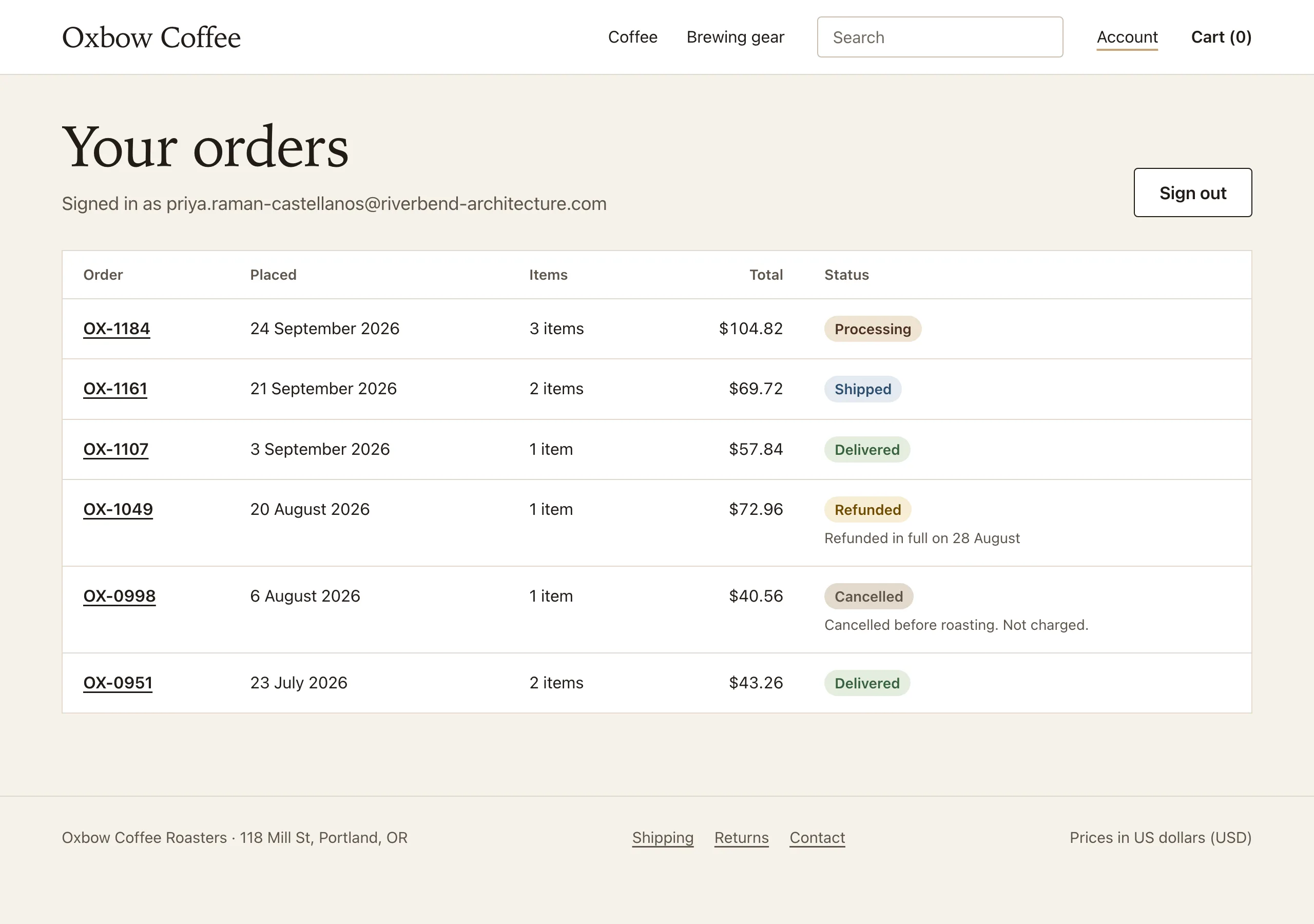 The Order history page of Oxbow