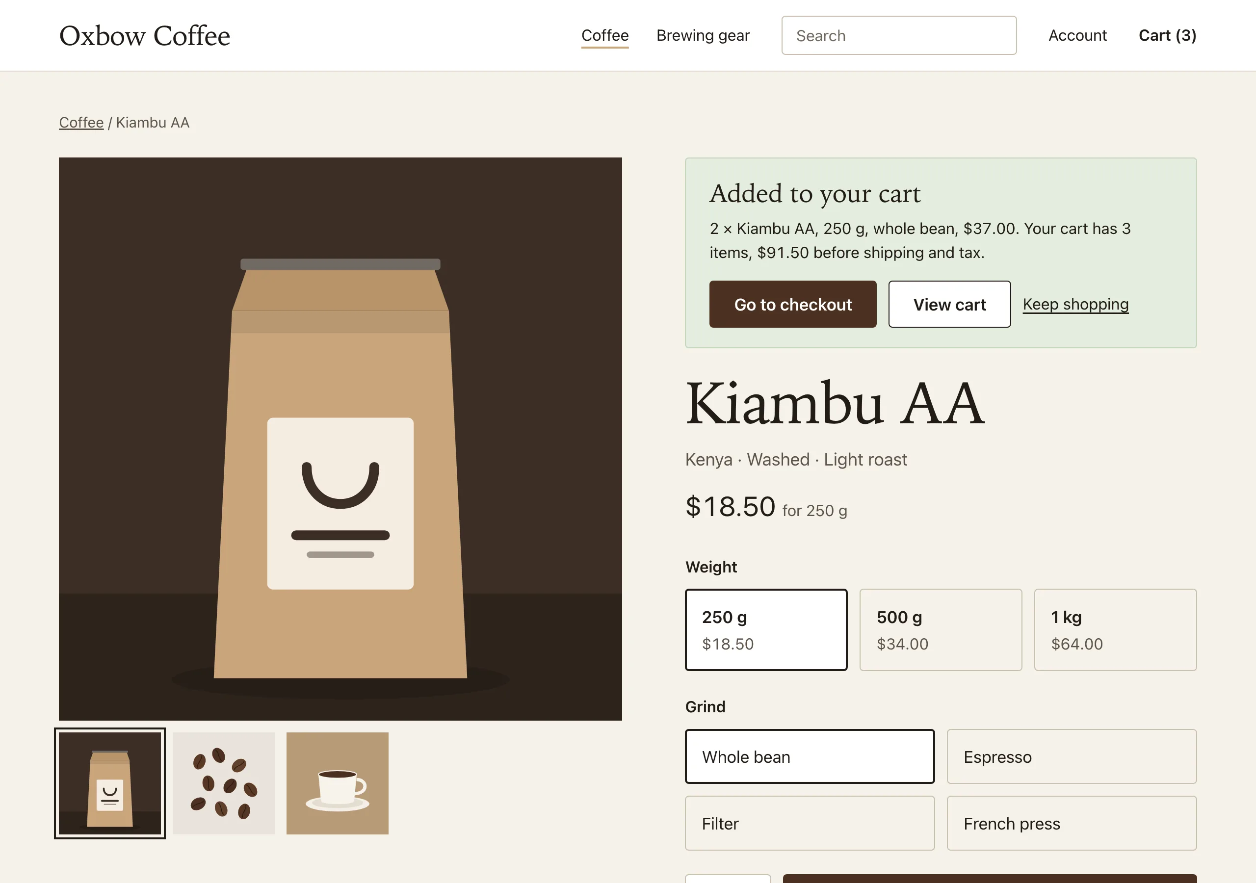 The Added to cart page of Oxbow