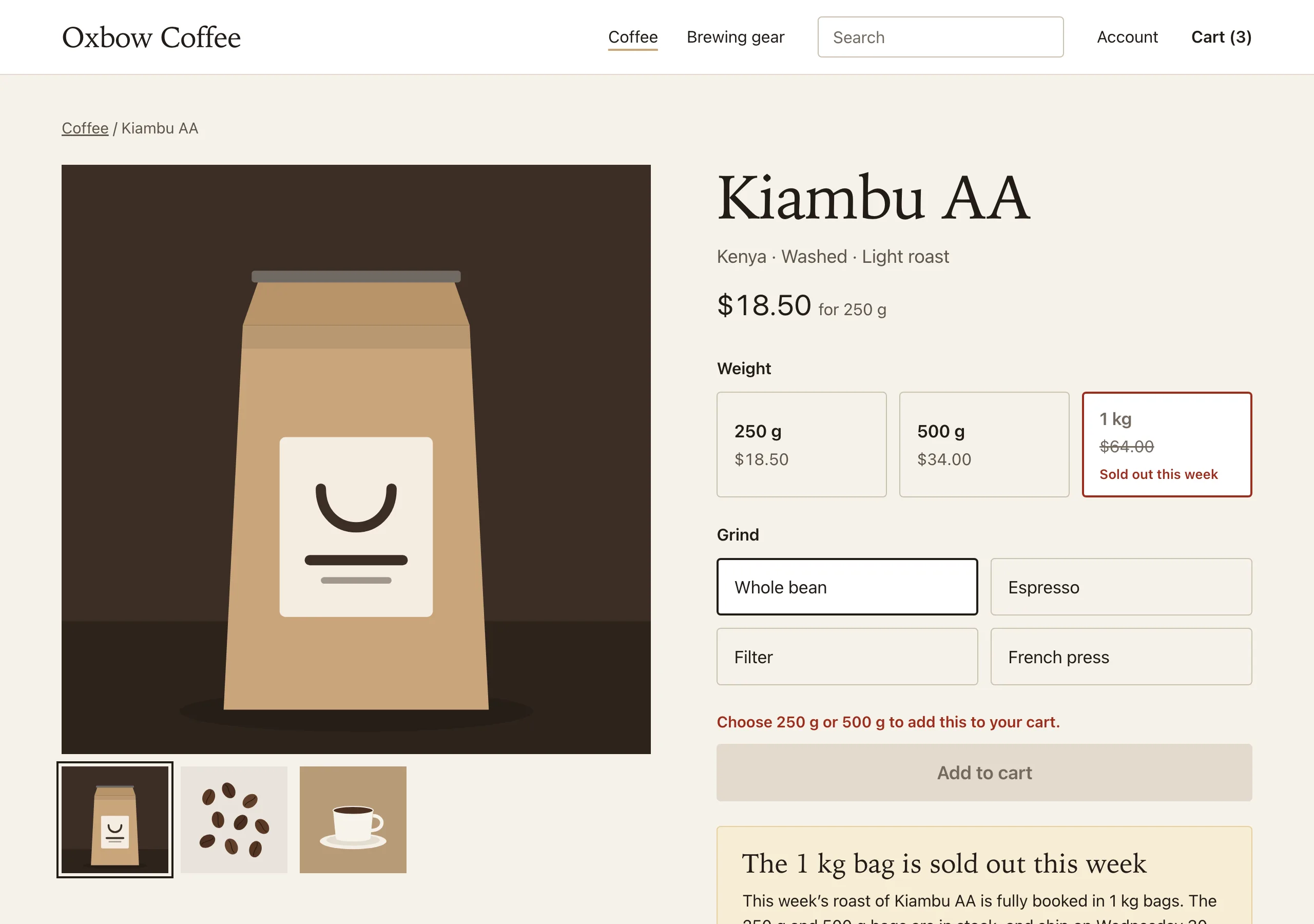 The Option sold out page of Oxbow